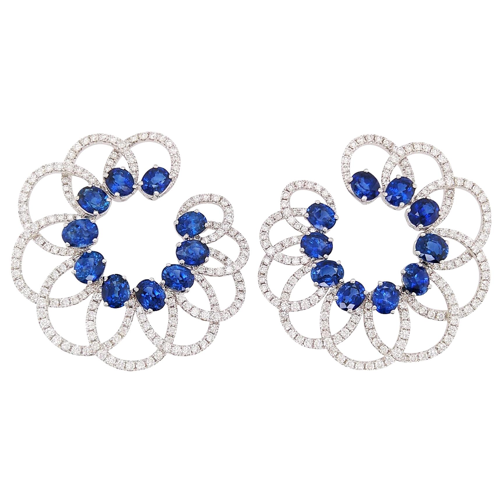 Natural Sri Lankan Blue Sapphire White Diamond 18K Gold Hoop Earrings For Sale