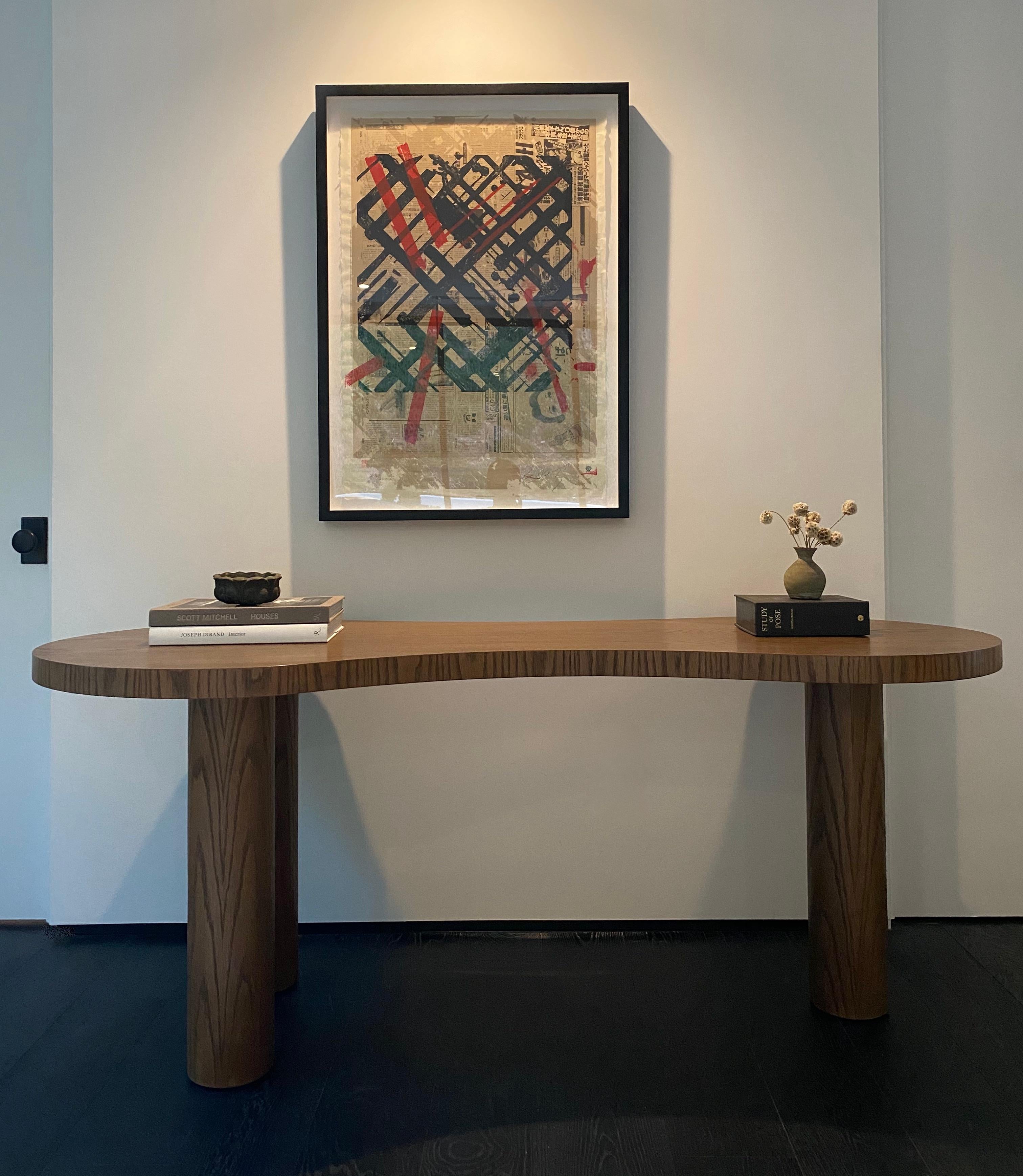 Custom white oak desk with natural finish and tripod cylinder legs.

Measures: 37.25