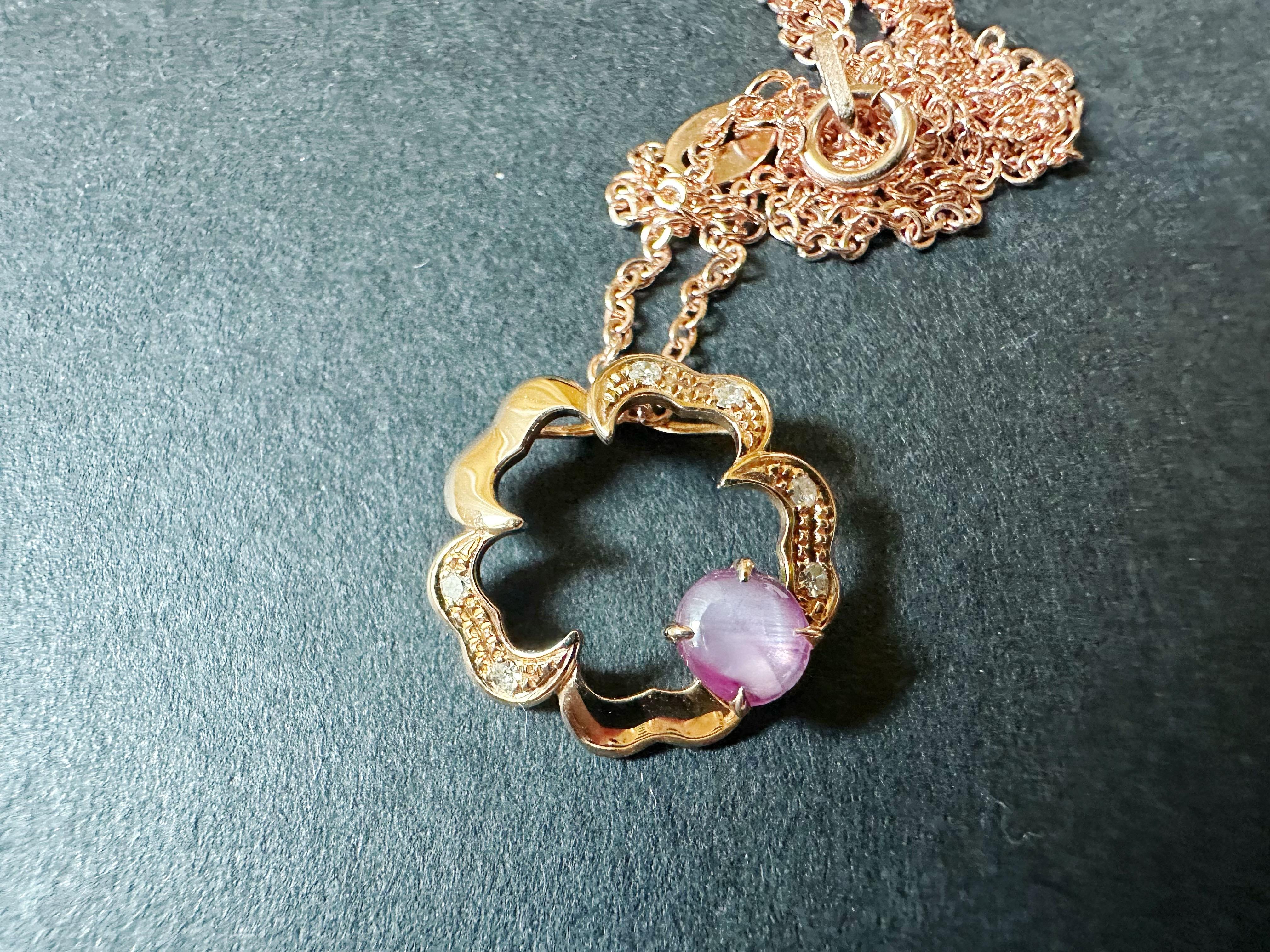 Art nouveau Pendentif en or rose 18 carats avec diamant, rubis birman, rubis étoilé naturel en vente