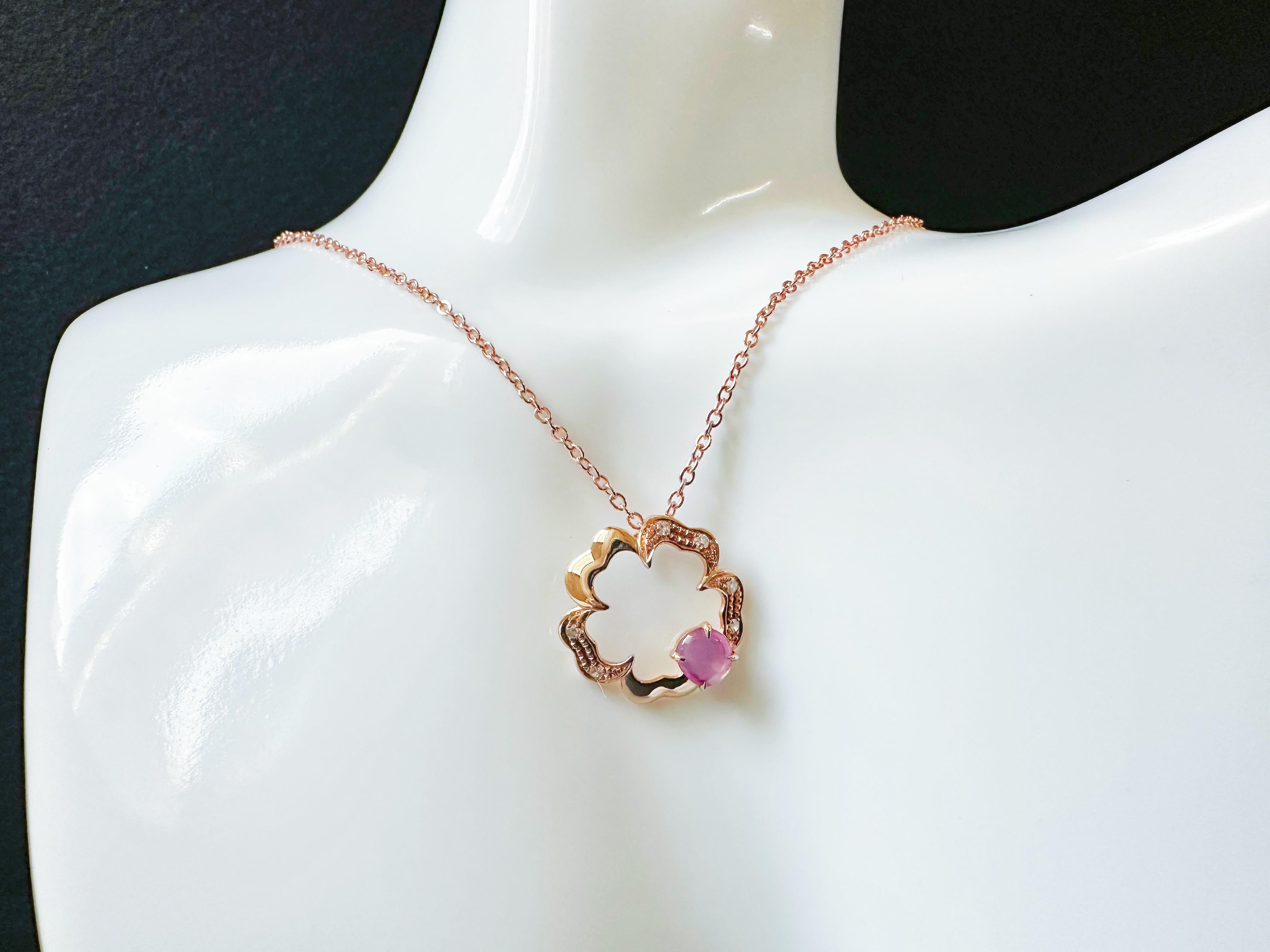 Pendentif en or rose 18 carats avec diamant, rubis birman, rubis étoilé naturel en vente 3