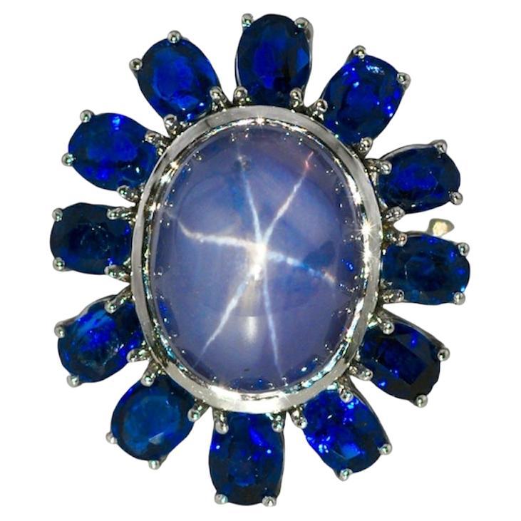 Natural Star Sapphire 15.5ct Ring with No-Heat Royal Blue Sapphires