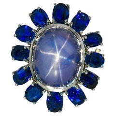 Natural Star Sapphire 15.5ct Ring with No-Heat Royal Blue Sapphires
