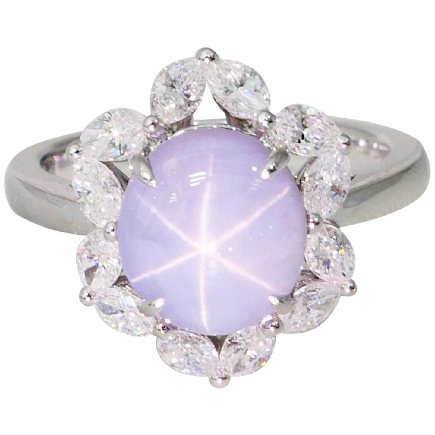 GIA Certified 3.48 Cts Natural No Heat Star Sapphire & Diamond Cocktail Ring.
