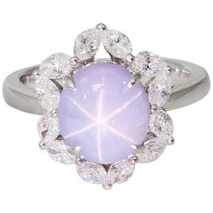 Vintage GIA Certified 3.48 Cts Natural No Heat Star Sapphire & Diamond Cocktail Ring.