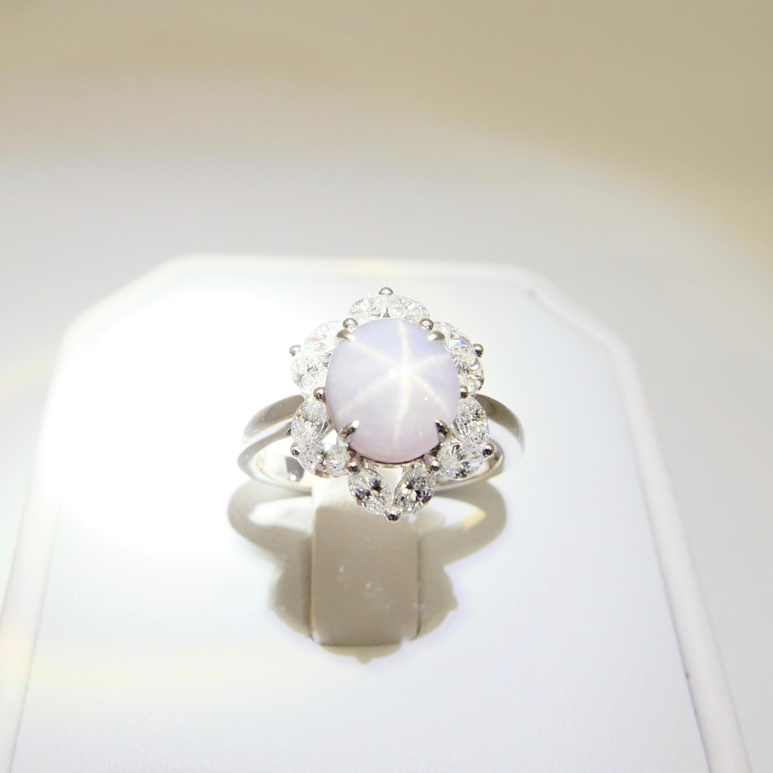 GIA Certified 3.48 Cts Natural No Heat Star Sapphire & Diamond Cocktail Ring. For Sale 3