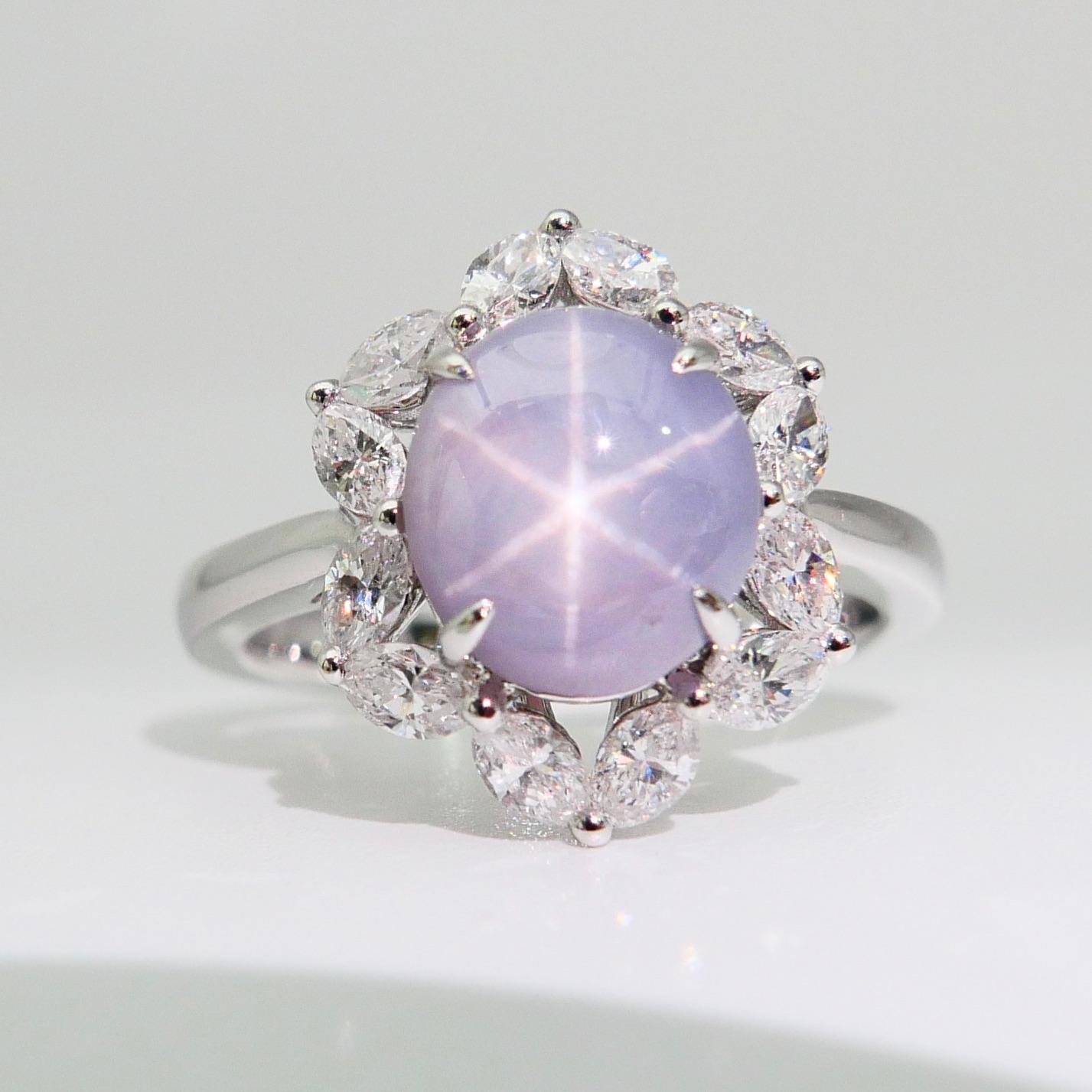 Cabochon GIA Certified 3.48 Cts Natural No Heat Star Sapphire & Diamond Cocktail Ring. For Sale