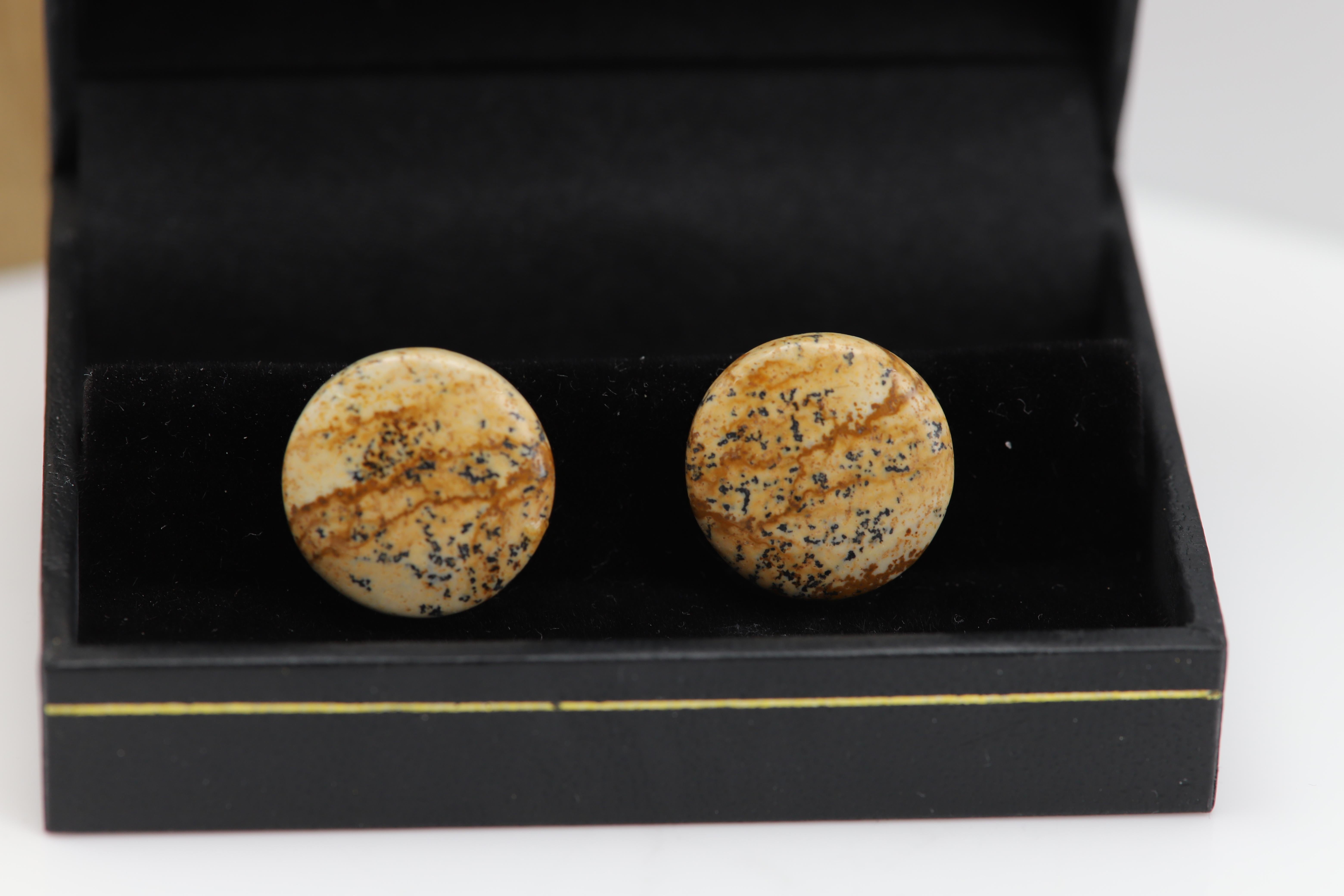 Round Cut Natural Stone Cufflink for Men Natural Picture Jasper stone White Yellow (#199 For Sale