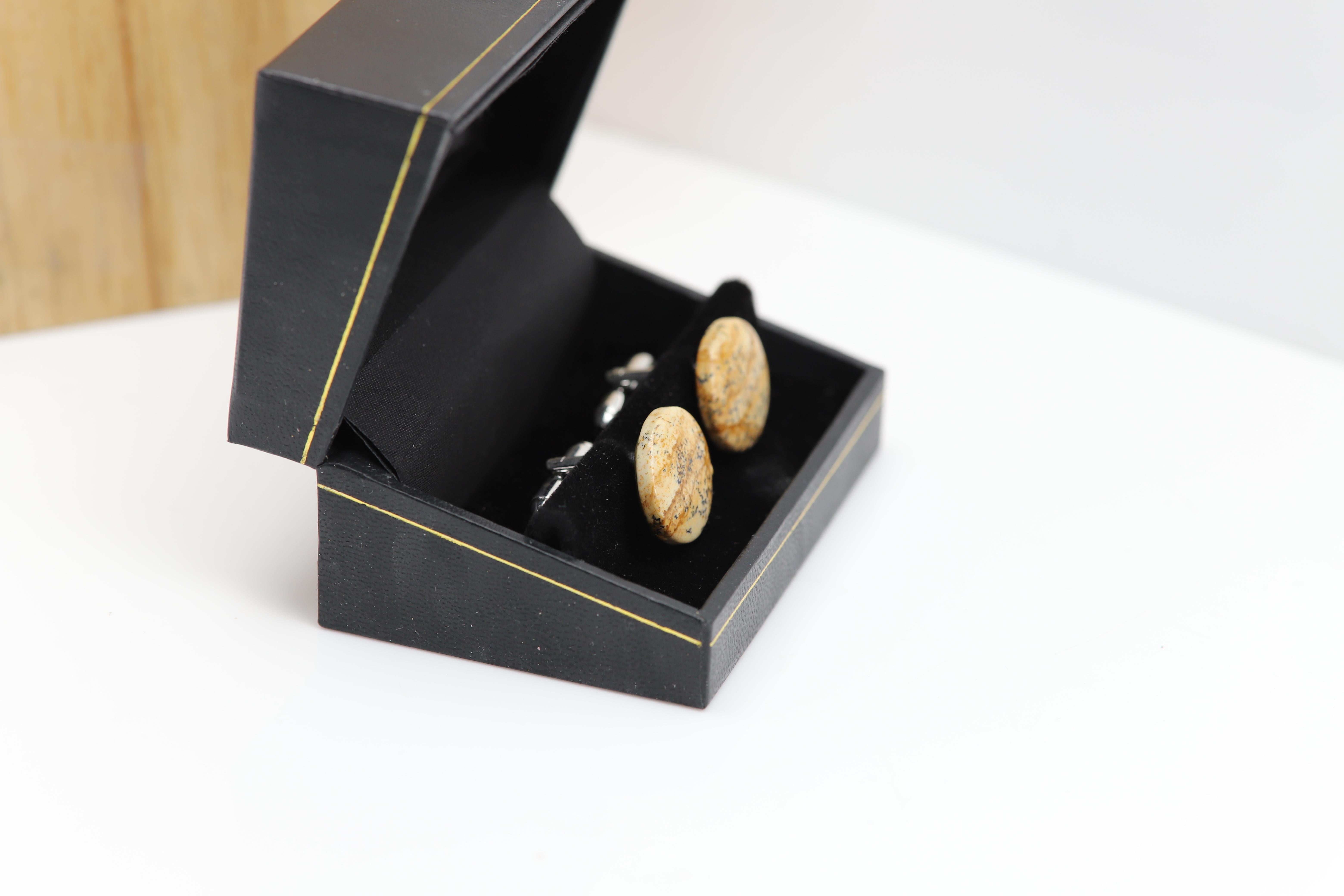 Natural Stone Cufflink for Men Natural Picture Jasper stone White Yellow (#199 In New Condition For Sale In Brooklyn, NY