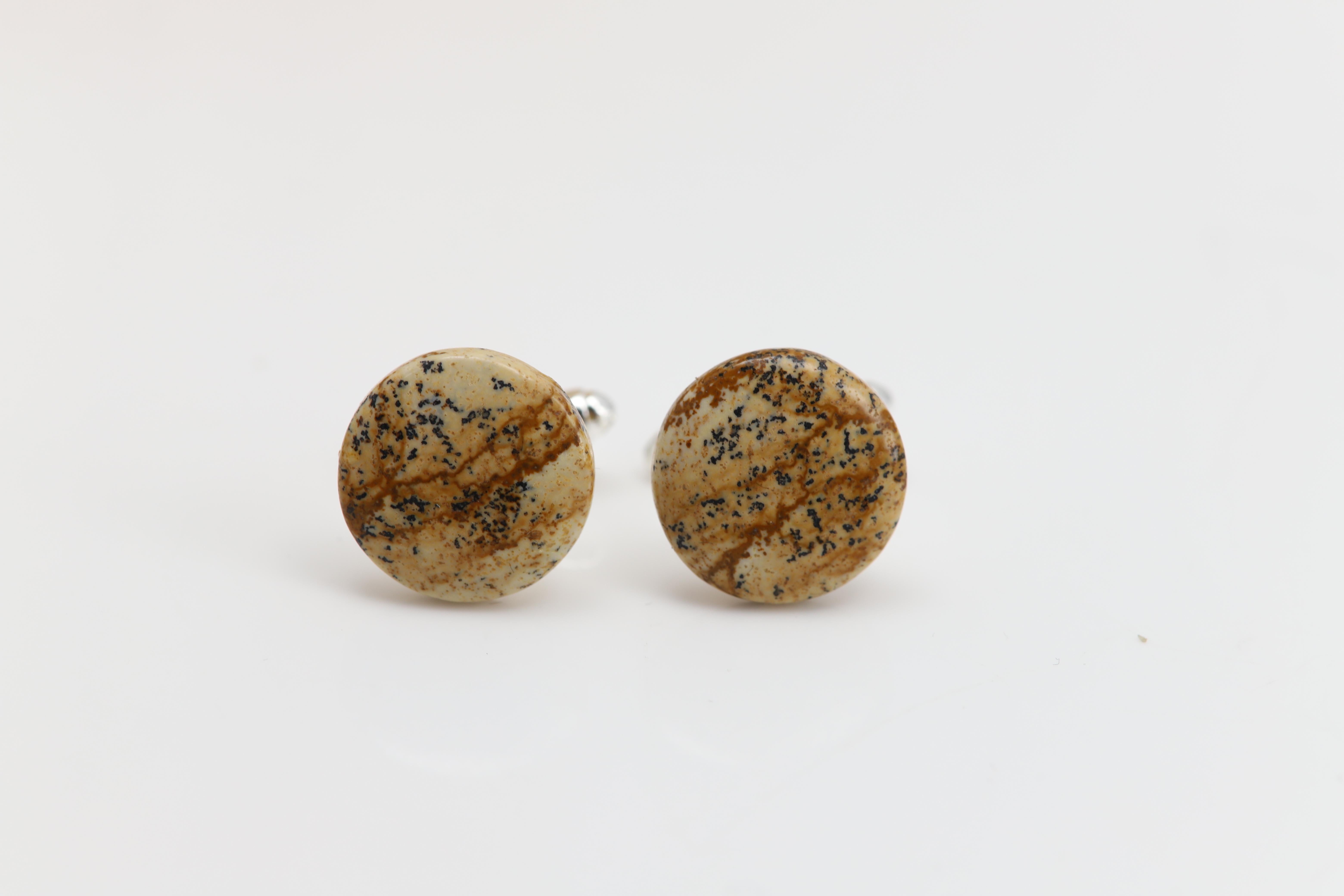 Men's Natural Stone Cufflink for Men Natural Picture Jasper stone White Yellow (#199 For Sale
