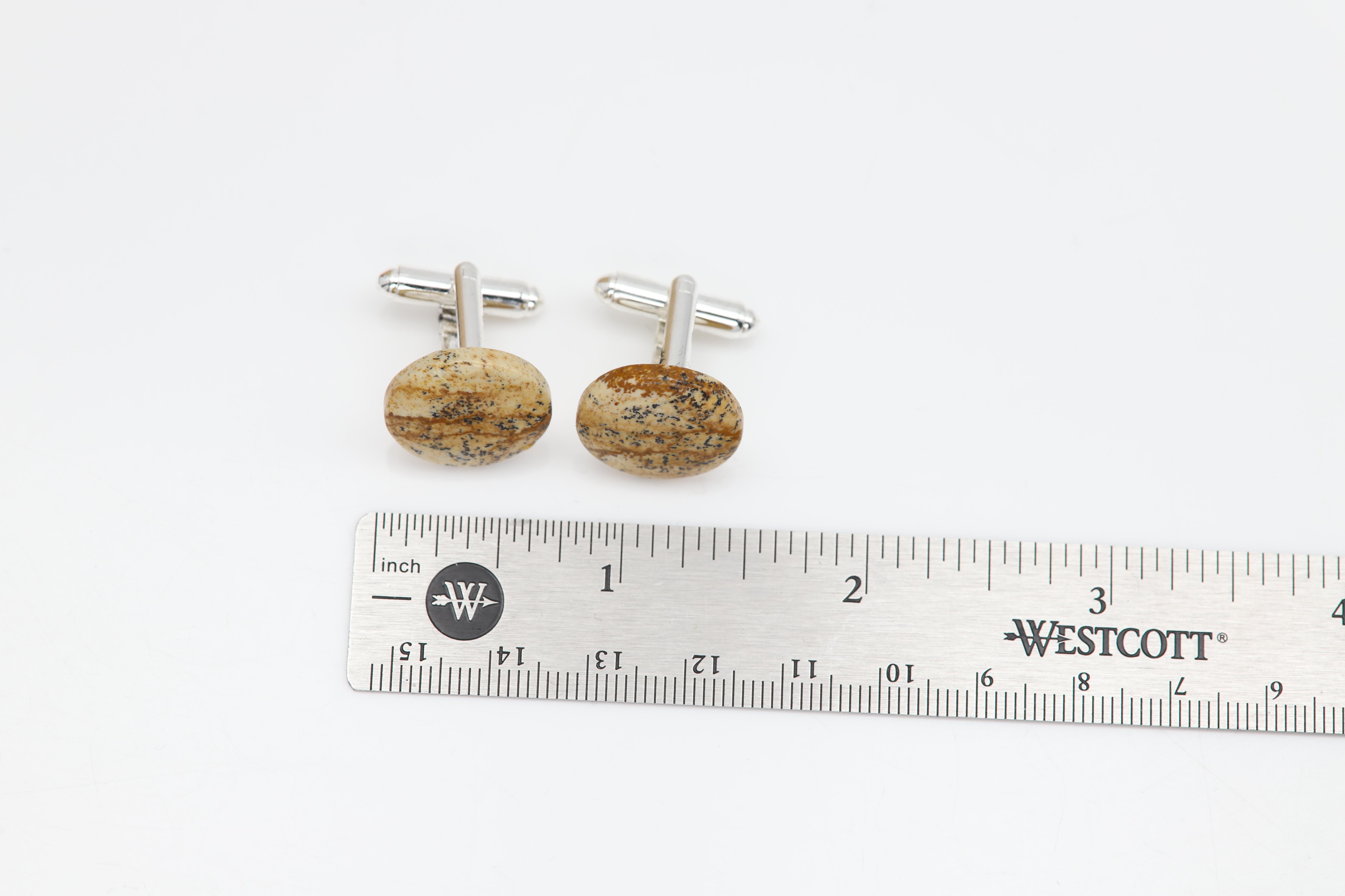 Natural Stone Cufflink for Men Natural Picture Jasper stone White Yellow (#199 For Sale 1