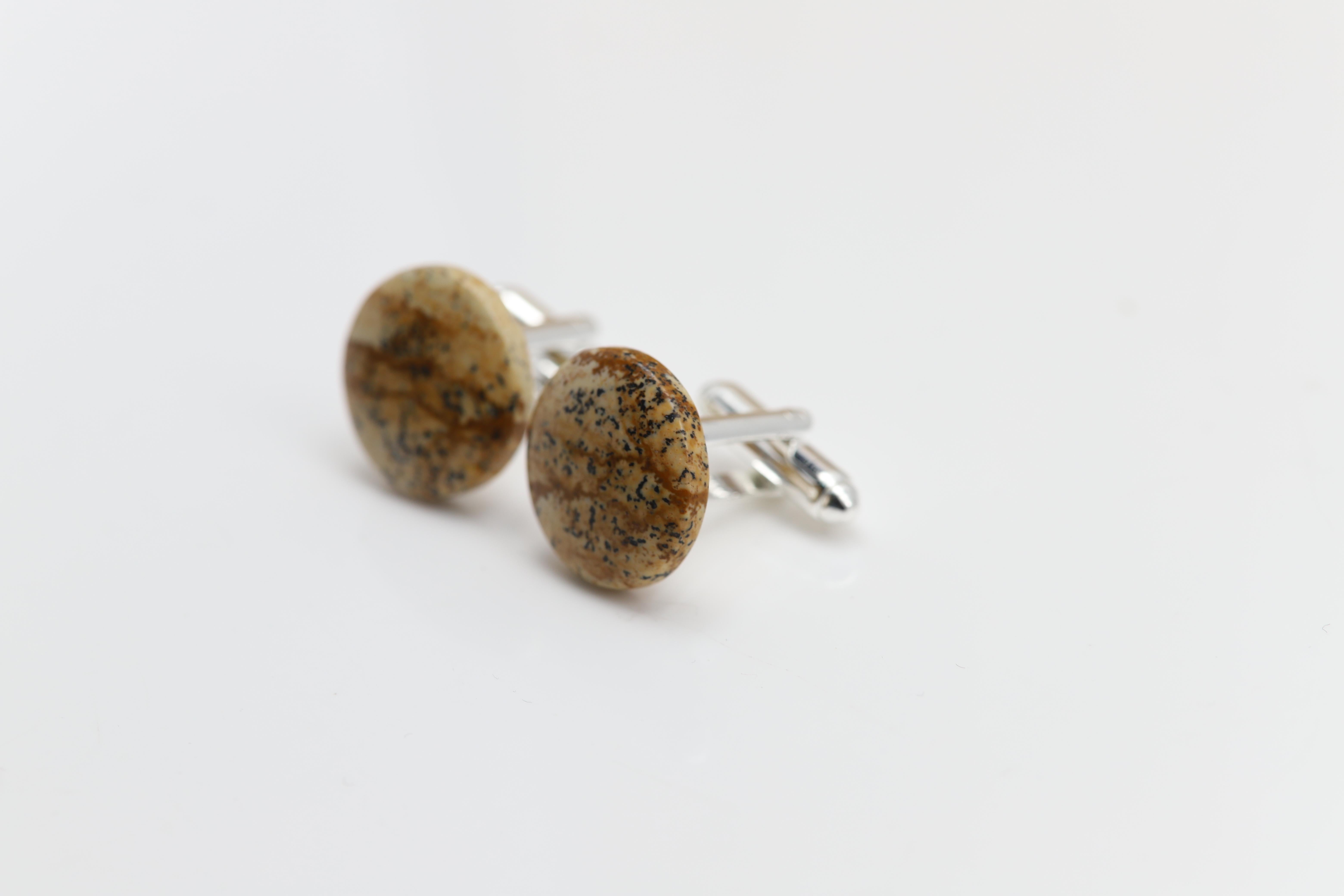 Natural Stone Cufflink for Men Natural Picture Jasper stone White Yellow (#199 For Sale 2
