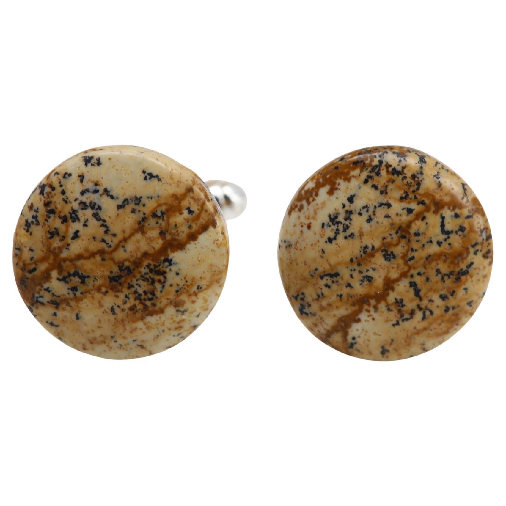 Natural Stone Cufflink for Men Natural Picture Jasper stone White Yellow (#199 For Sale