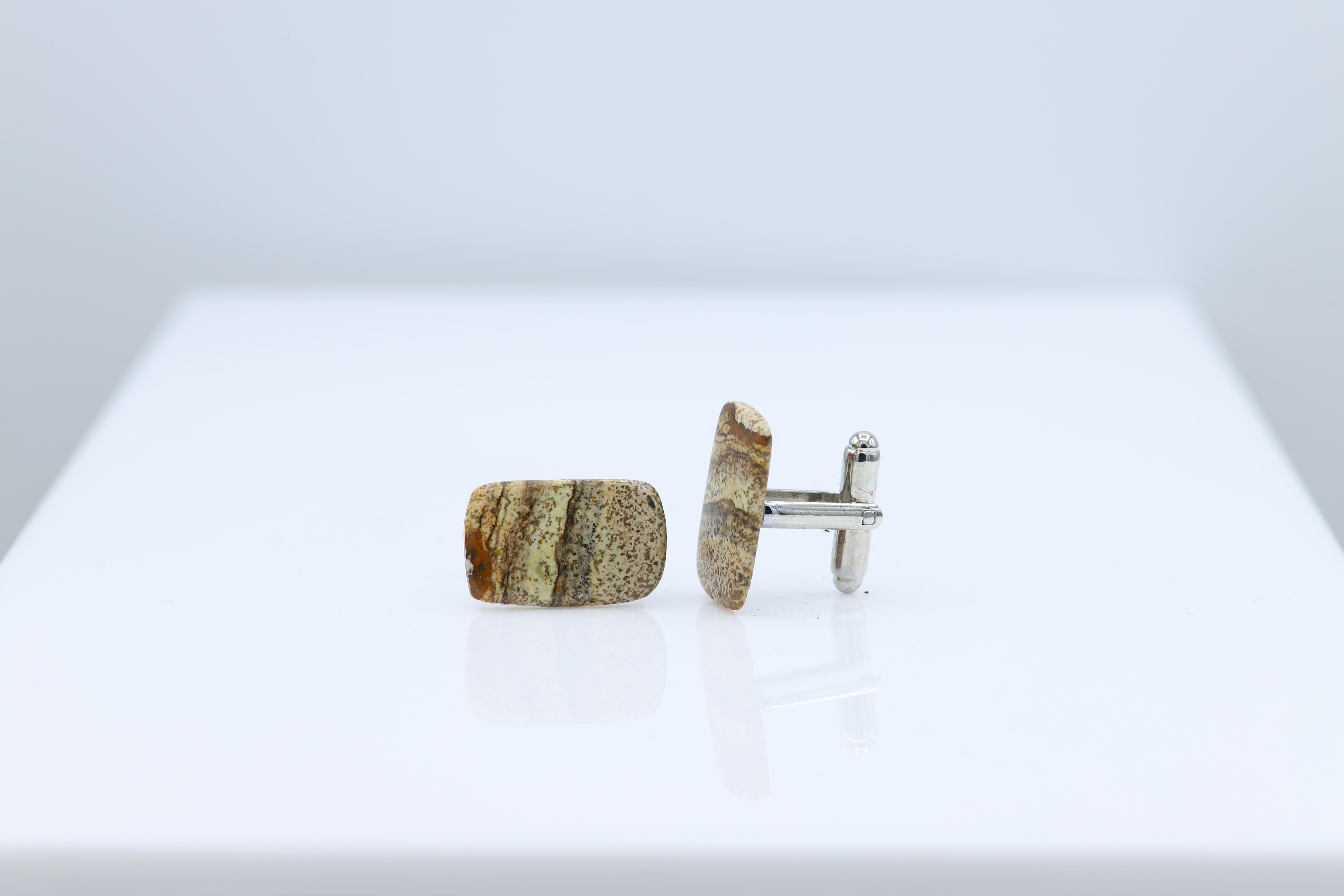 Natural Stone Cufflink Men's Cufflinks Rectangle Shape Men's Jewelry In New Condition For Sale In Brooklyn, NY