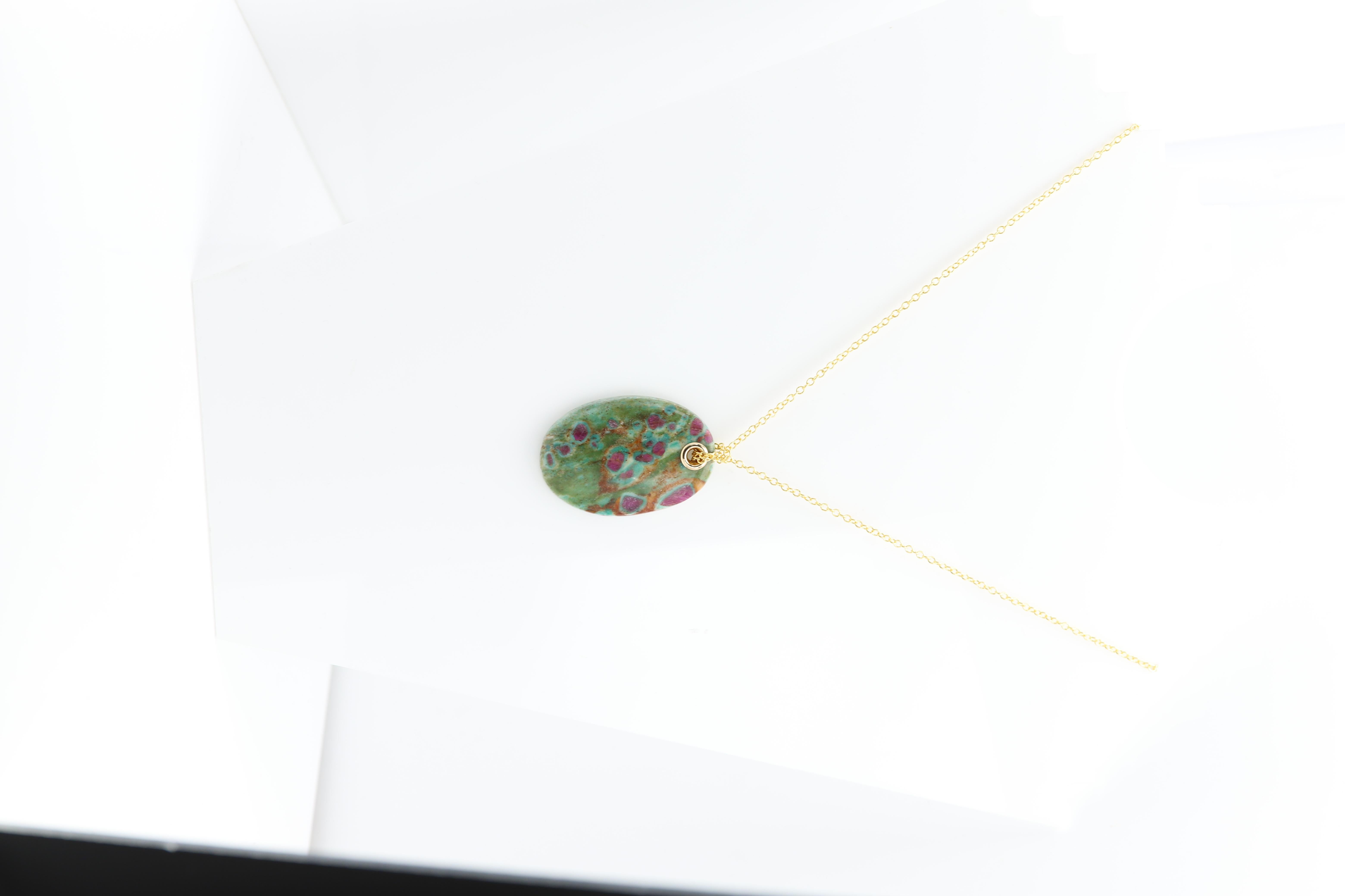 Natural Stone Pendant Ruby Fuchsite Green & Red Stone Necklace For Sale 6