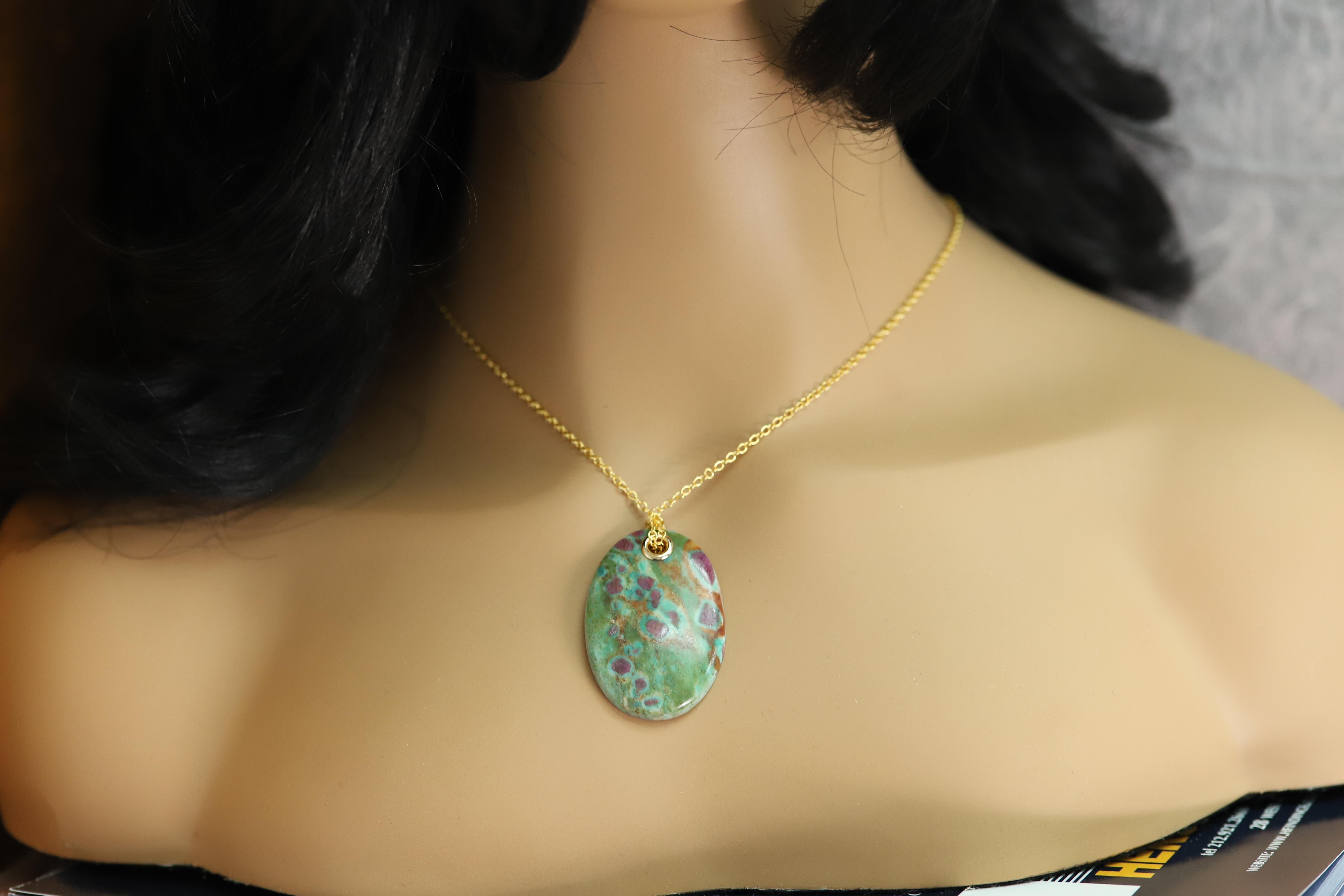 Natural Stone Pendant Ruby Fuchsite Green & Red Stone Necklace In New Condition For Sale In Brooklyn, NY