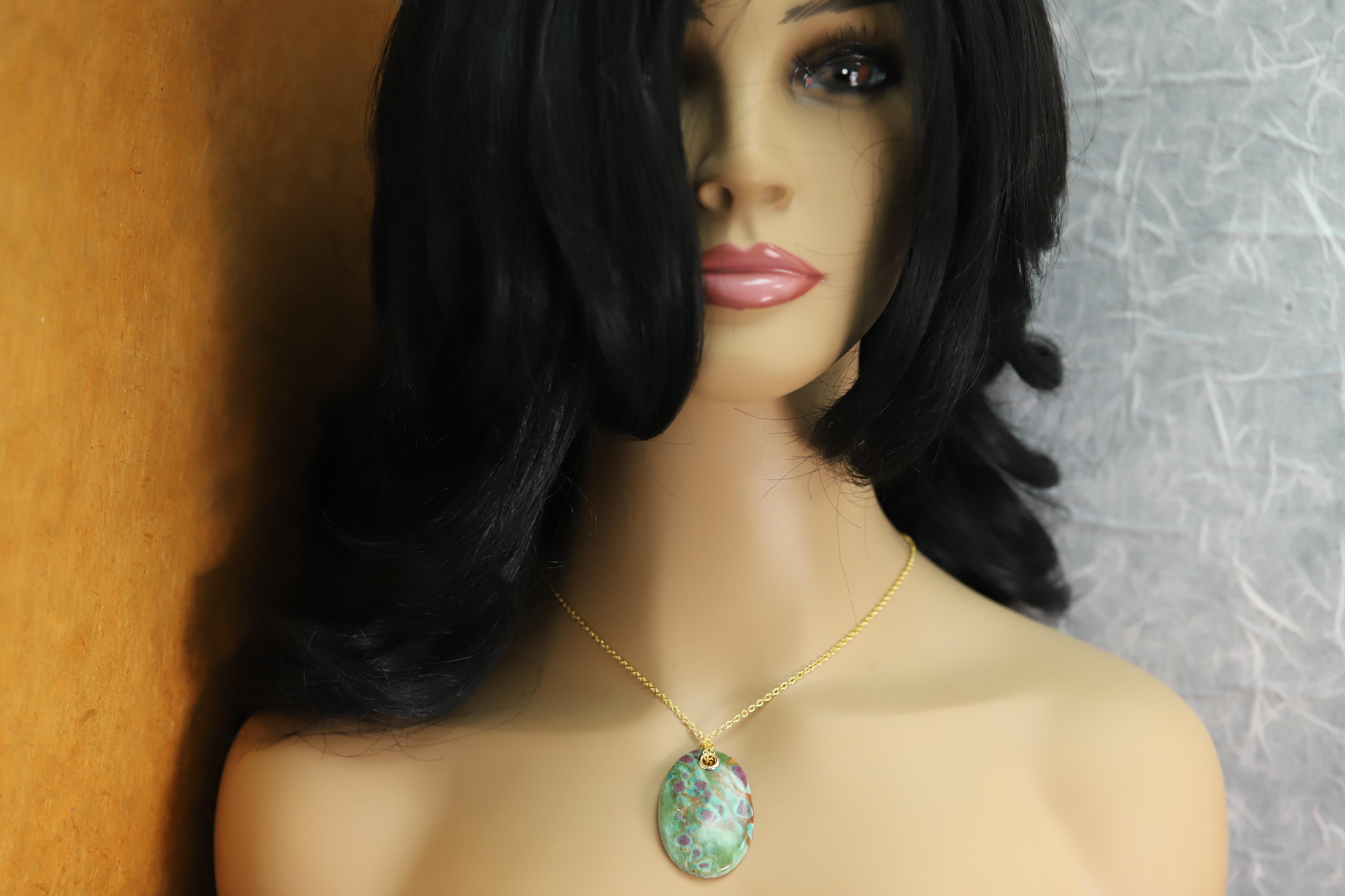 Women's or Men's Natural Stone Pendant Ruby Fuchsite Green & Red Stone Necklace For Sale