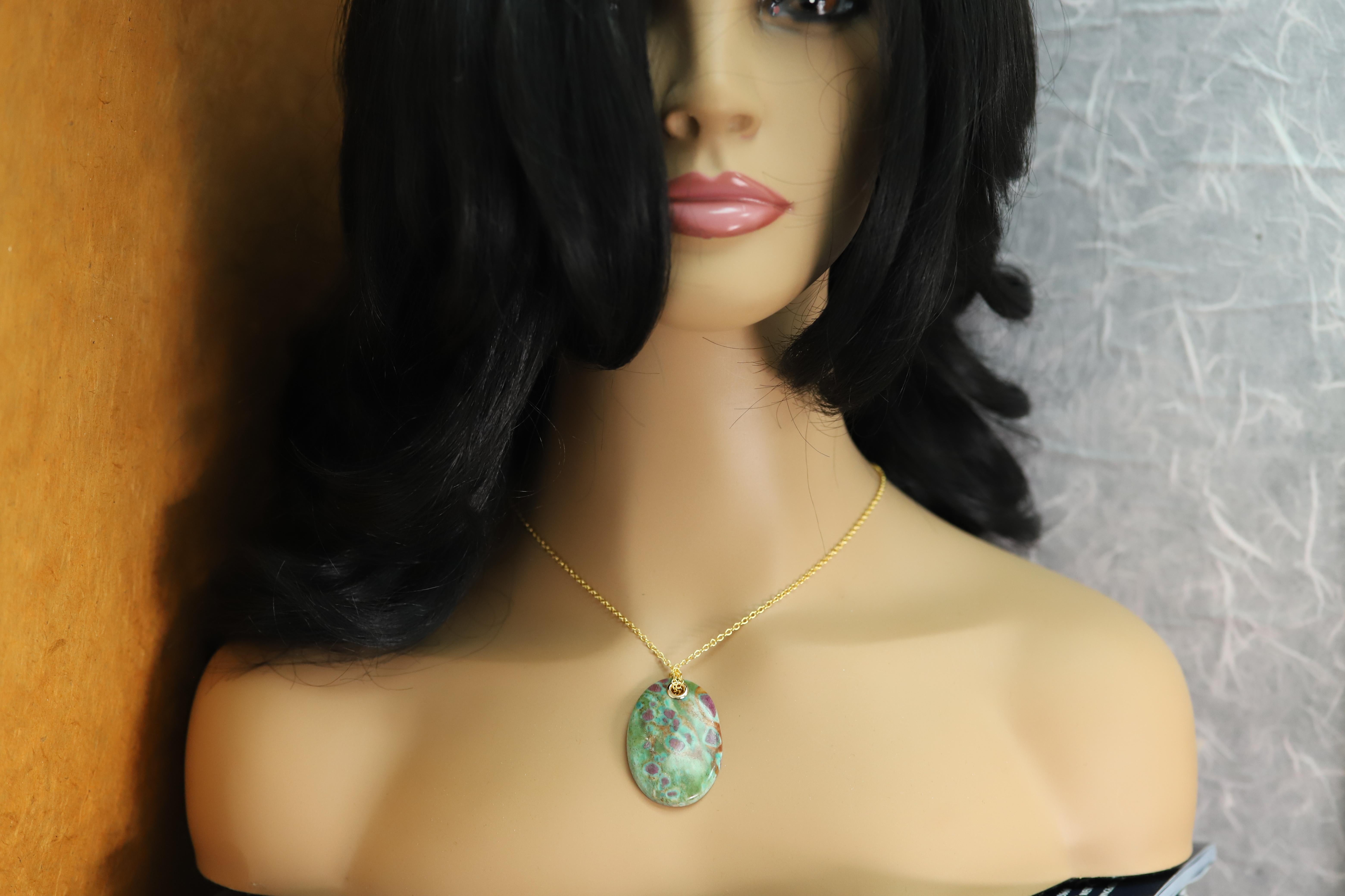 Natural Stone Pendant Ruby Fuchsite Green & Red Stone Necklace For Sale 1