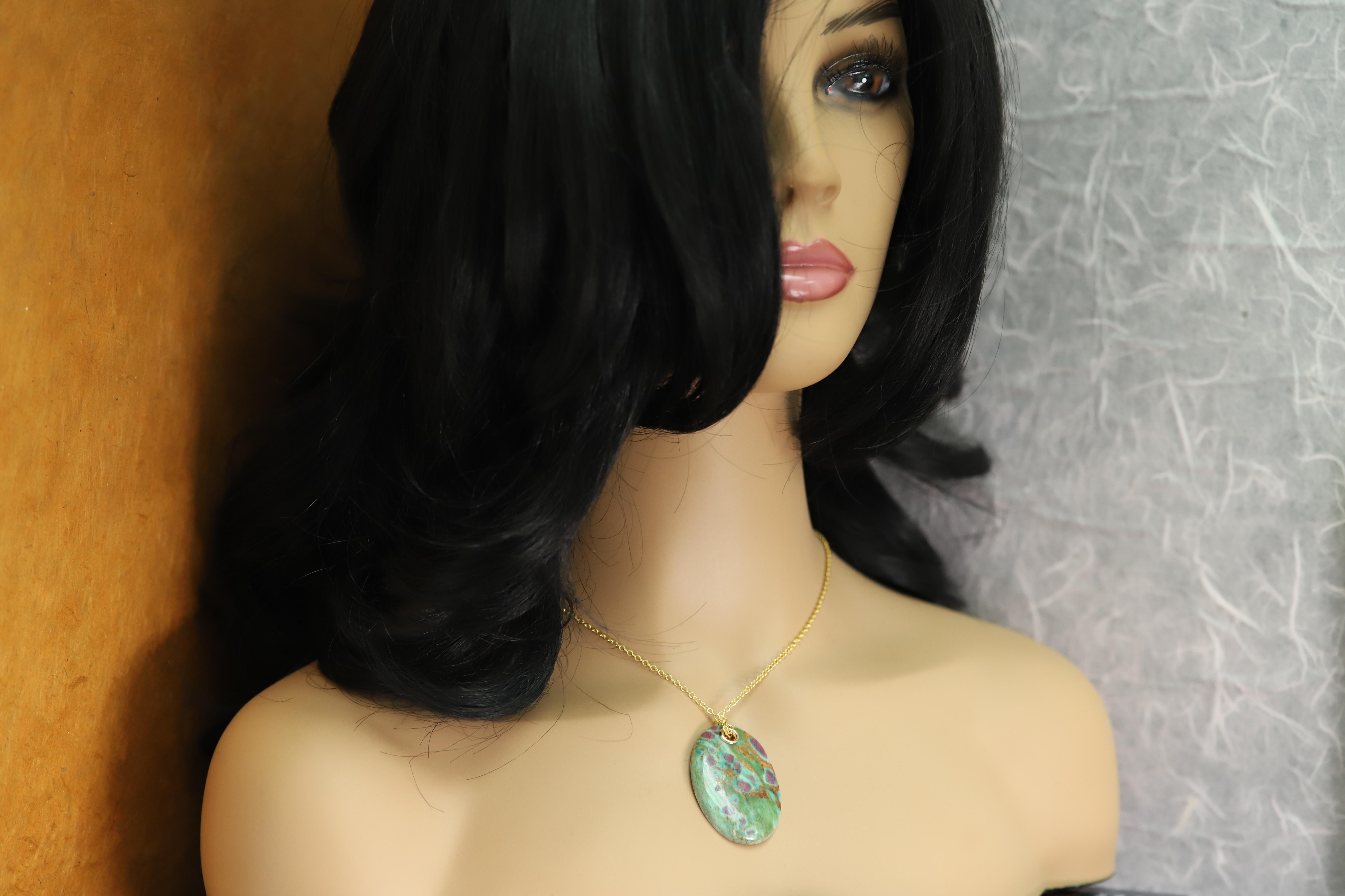 Natural Stone Pendant Ruby Fuchsite Green & Red Stone Necklace For Sale 2