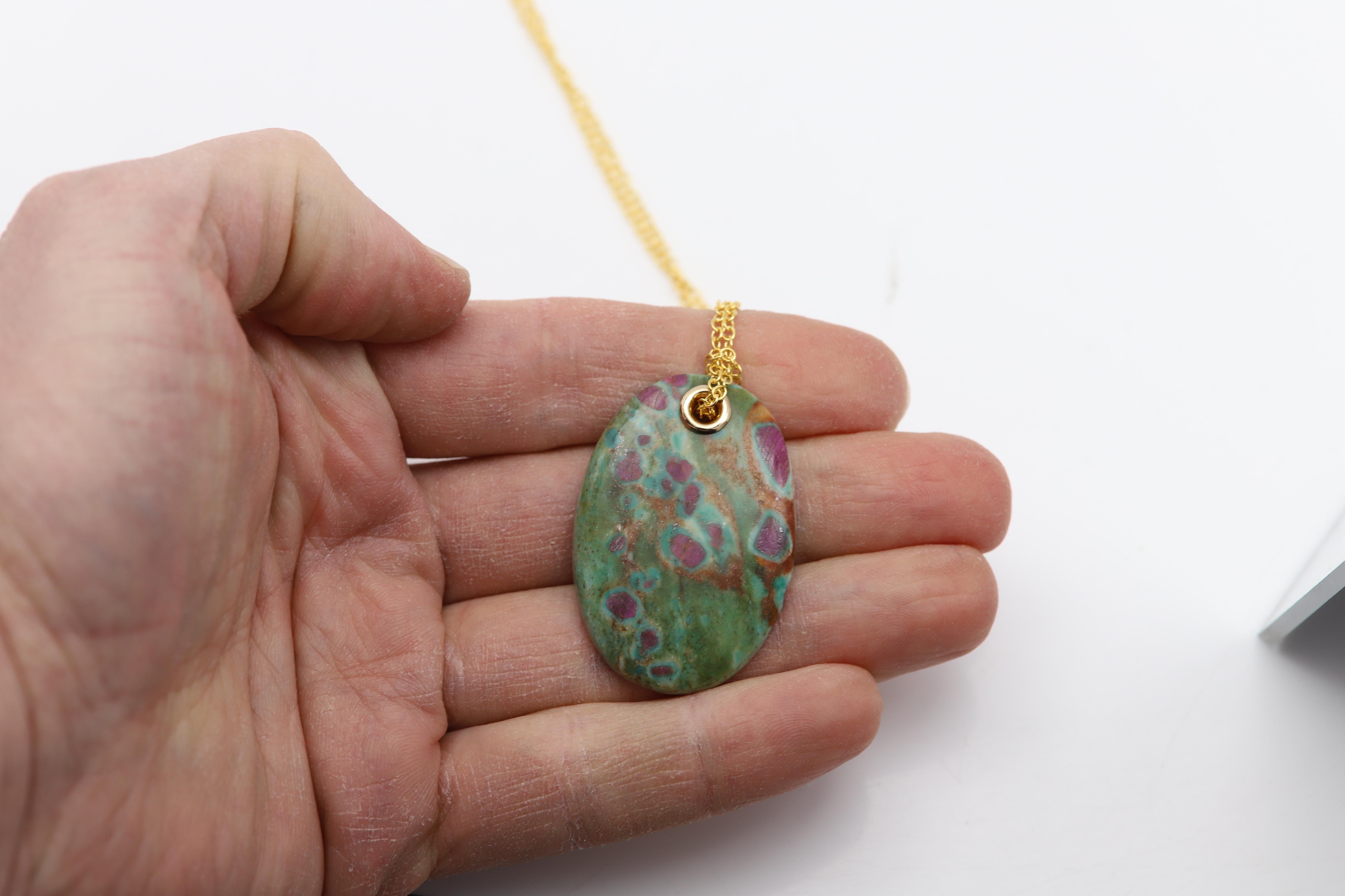 Natural Stone Pendant Ruby Fuchsite Green & Red Stone Necklace For Sale 4