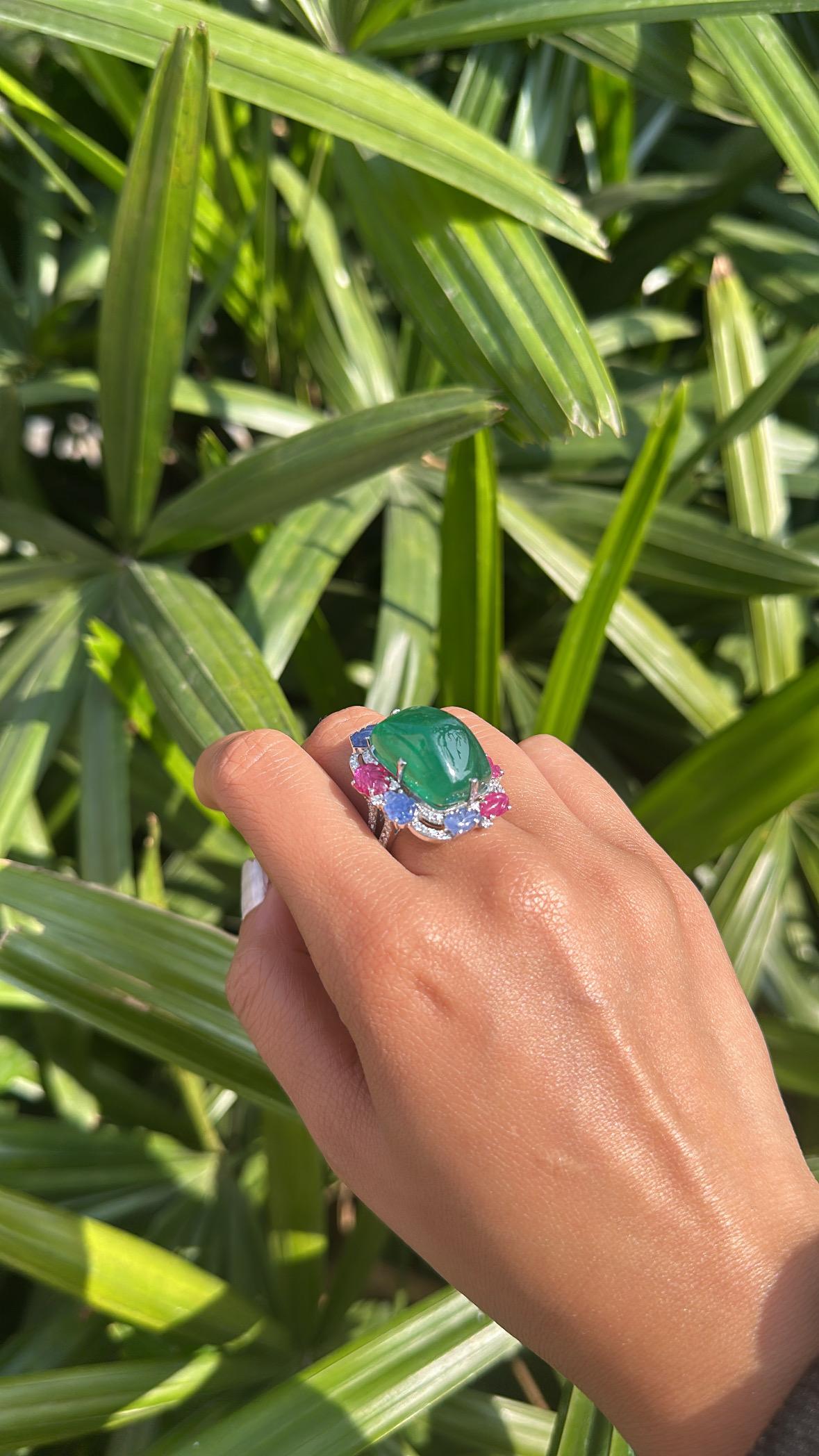 Natural Sugarloaf Emerald, carved Blue Sapphires, Rubies & Diamond Cocktail Ring For Sale 4