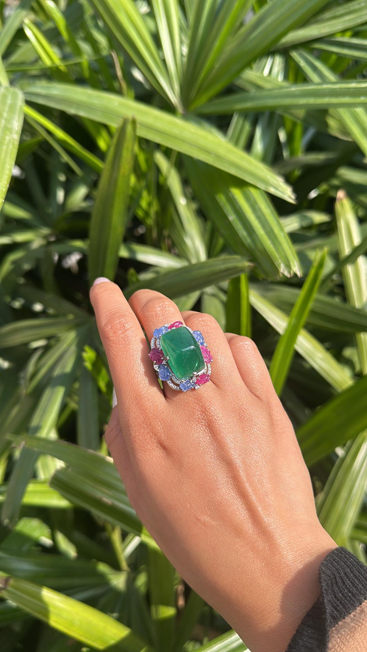 Natural Sugarloaf Emerald, carved Blue Sapphires, Rubies & Diamond Cocktail Ring For Sale 5