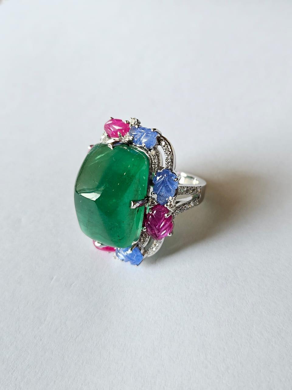 Sugarloaf Cabochon Natural Sugarloaf Emerald, carved Blue Sapphires, Rubies & Diamond Cocktail Ring For Sale