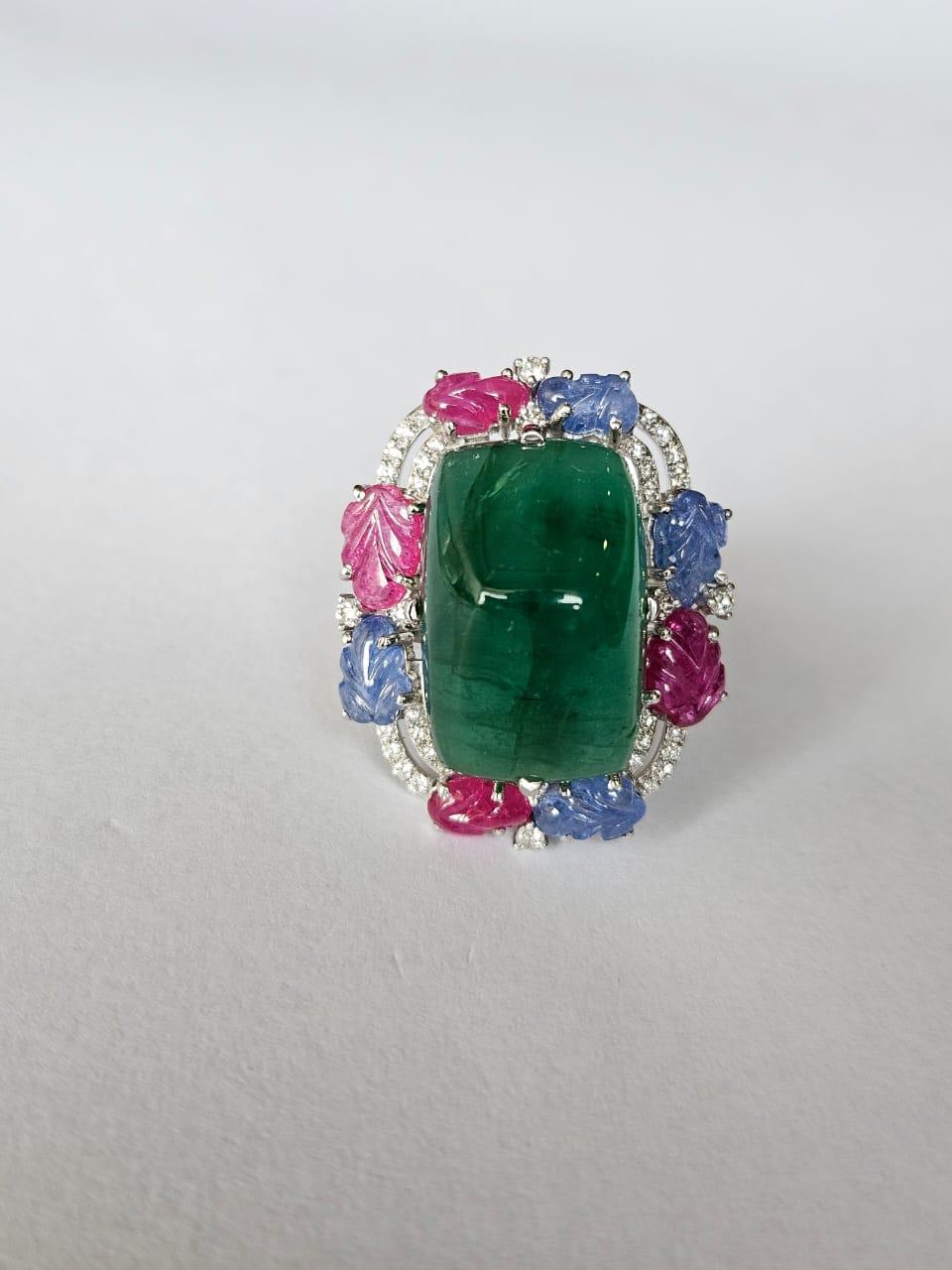 Natural Sugarloaf Emerald, carved Blue Sapphires, Rubies & Diamond Cocktail Ring In New Condition For Sale In Hong Kong, HK