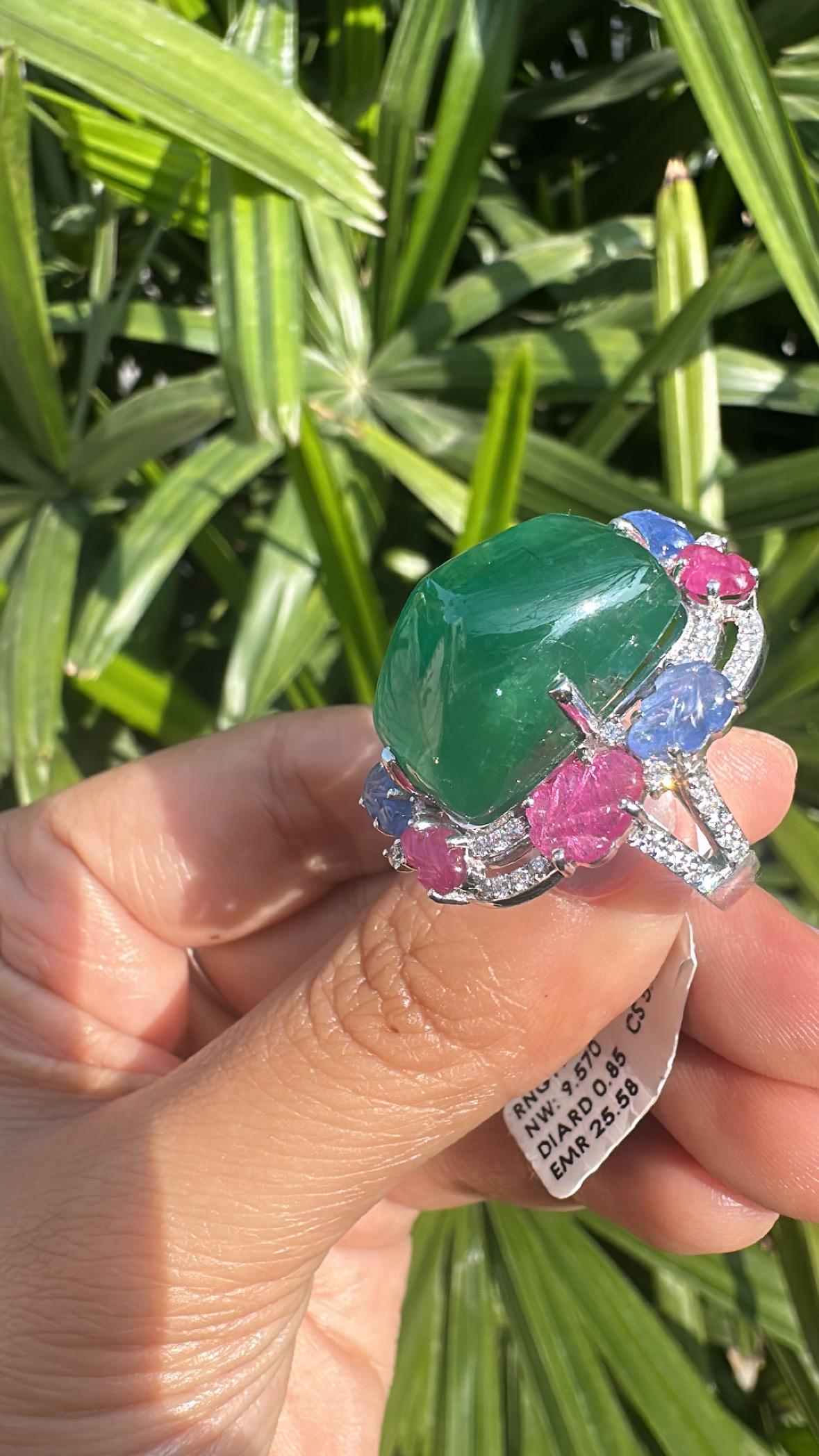 Women's or Men's Natural Sugarloaf Emerald, carved Blue Sapphires, Rubies & Diamond Cocktail Ring For Sale