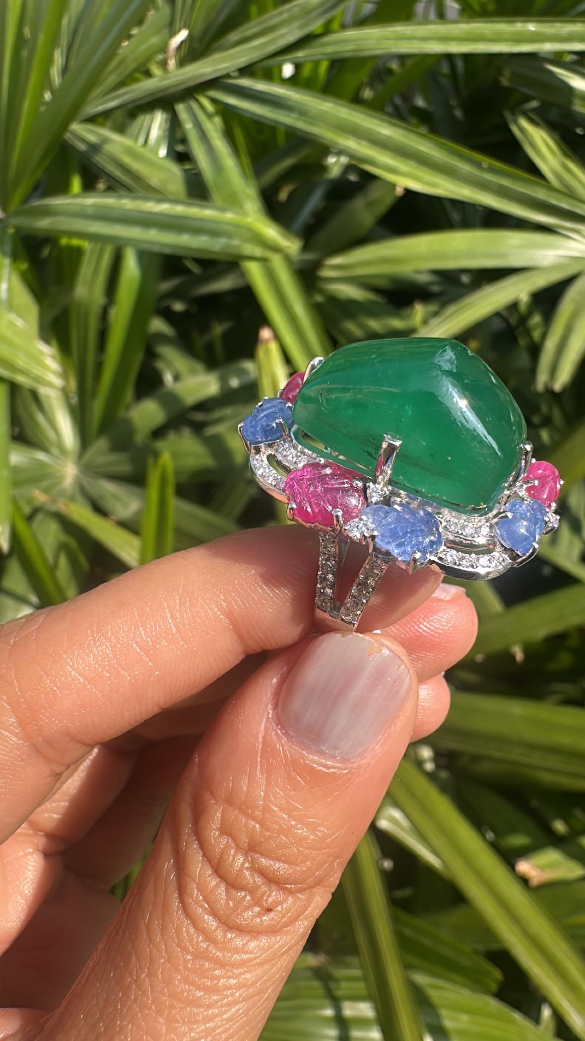 Natural Sugarloaf Emerald, carved Blue Sapphires, Rubies & Diamond Cocktail Ring For Sale 1