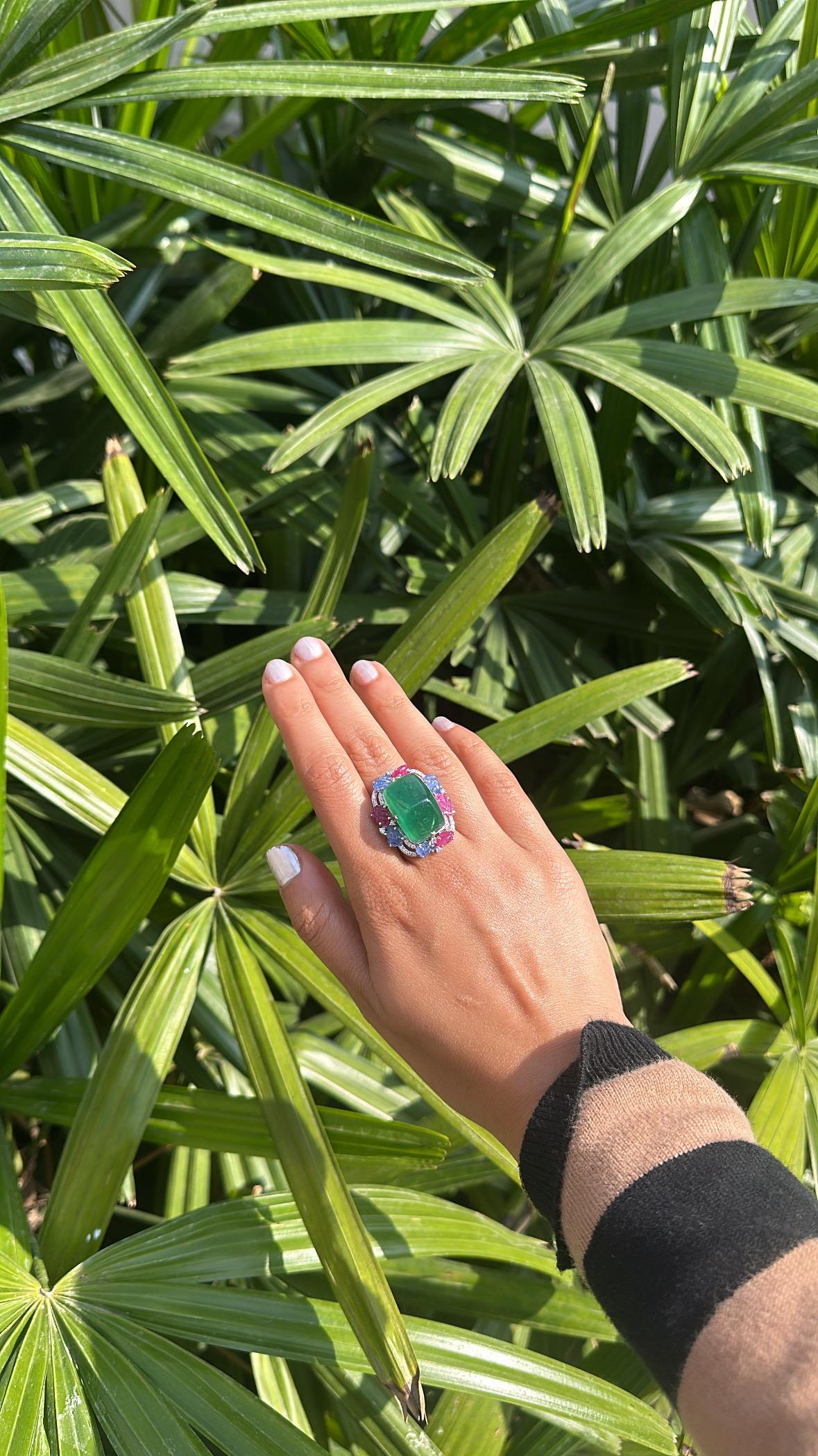 Natural Sugarloaf Emerald, carved Blue Sapphires, Rubies & Diamond Cocktail Ring For Sale 2