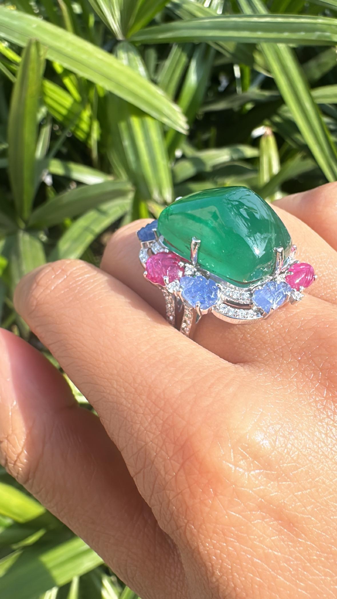 Natural Sugarloaf Emerald, carved Blue Sapphires, Rubies & Diamond Cocktail Ring For Sale 3