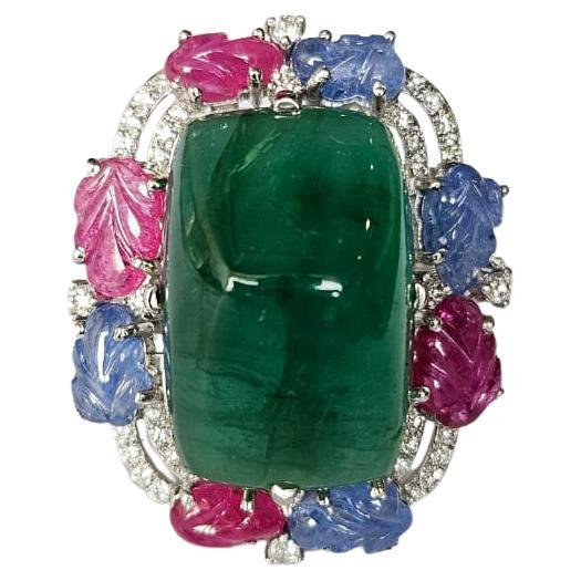 Bague cocktail en forme de pain de sucre, saphirs bleus sculptés, rubis et diamants