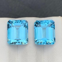 Natural Swiss Blue Topaz 19.30 Ct Emerald Cut Loose Gemstone Pair for Earrings