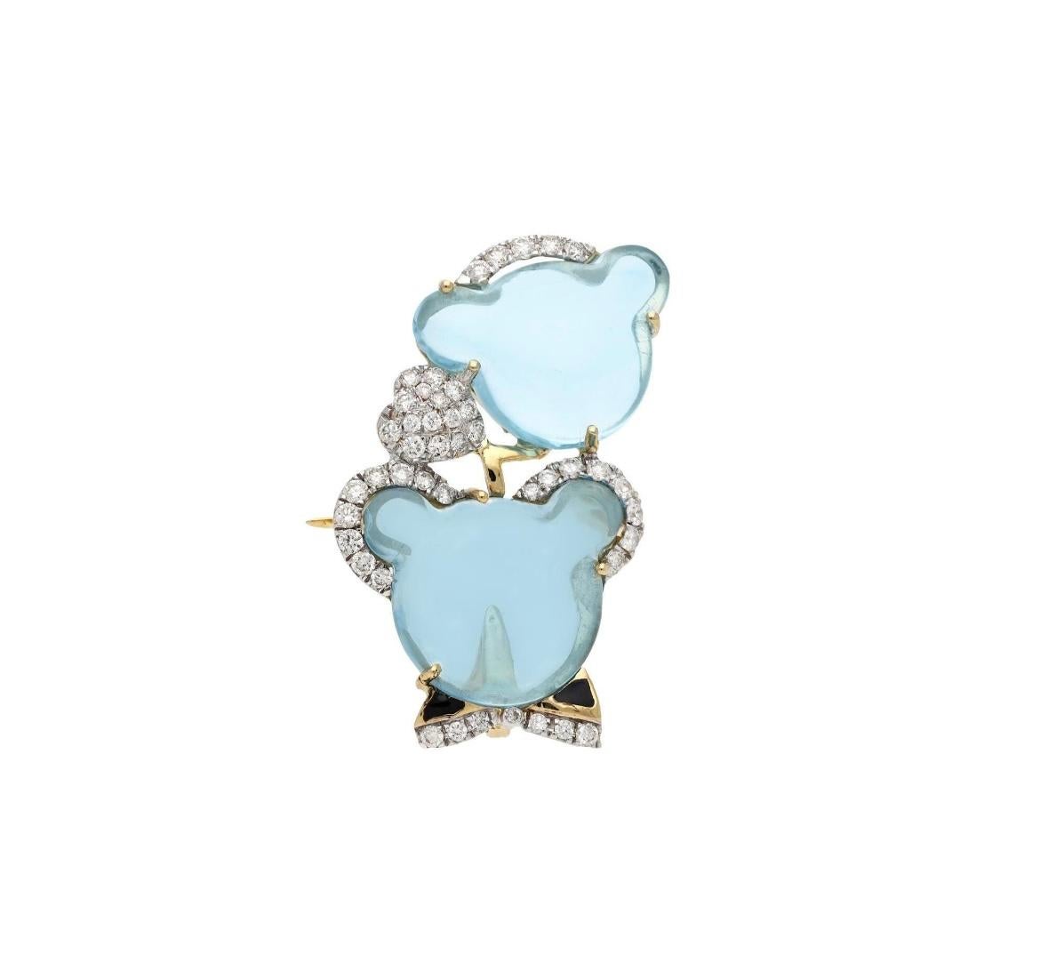 Women's Natural swiss blue topaz diamond brooch in 18k gold For Sale
