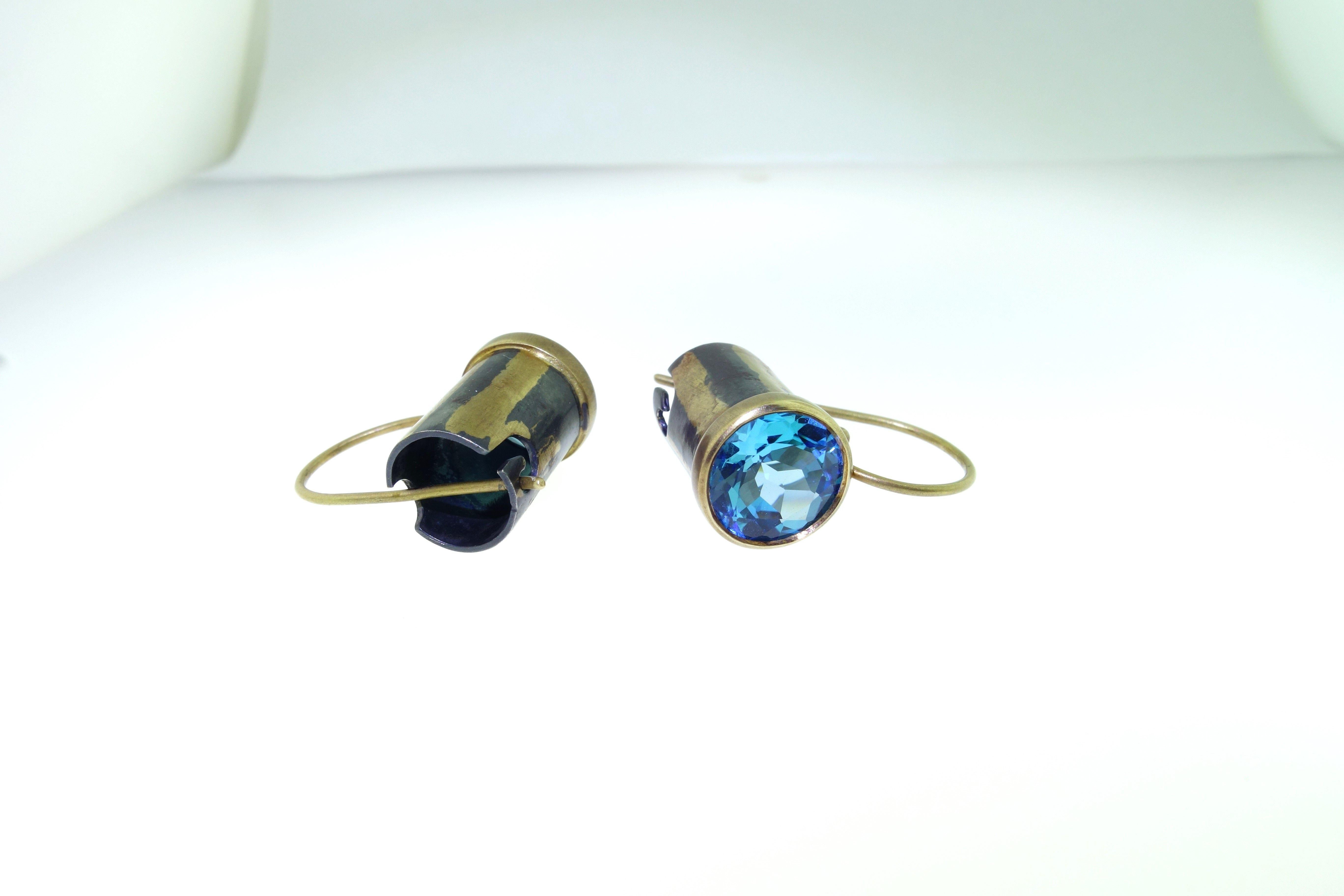 Natural Swiss Blue Topaz Gold and Oxidized Sterling Silver Drop Earrings For Sale 4