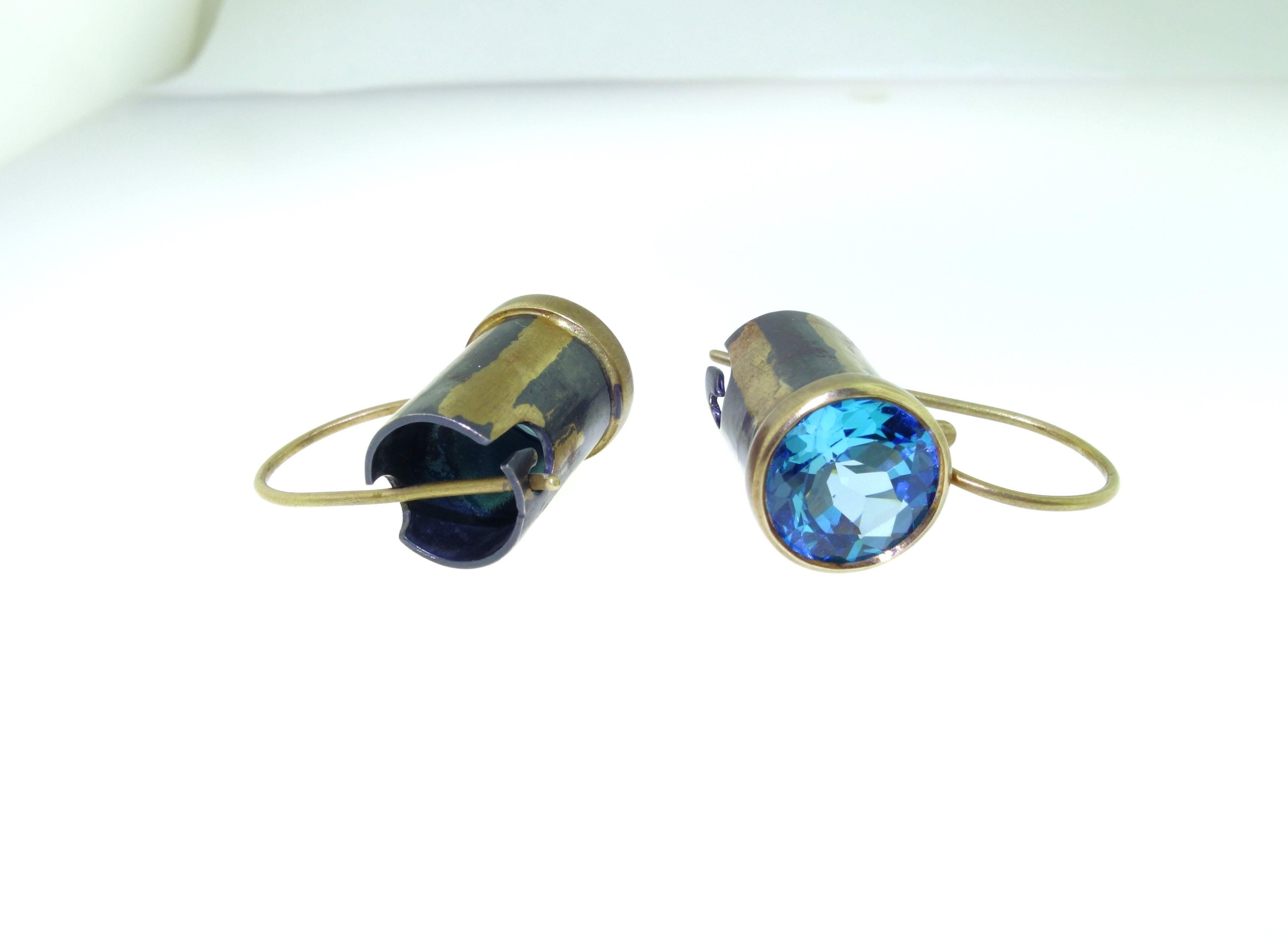 Natural Swiss Blue Topaz Gold and Oxidized Sterling Silver Drop Earrings For Sale 5