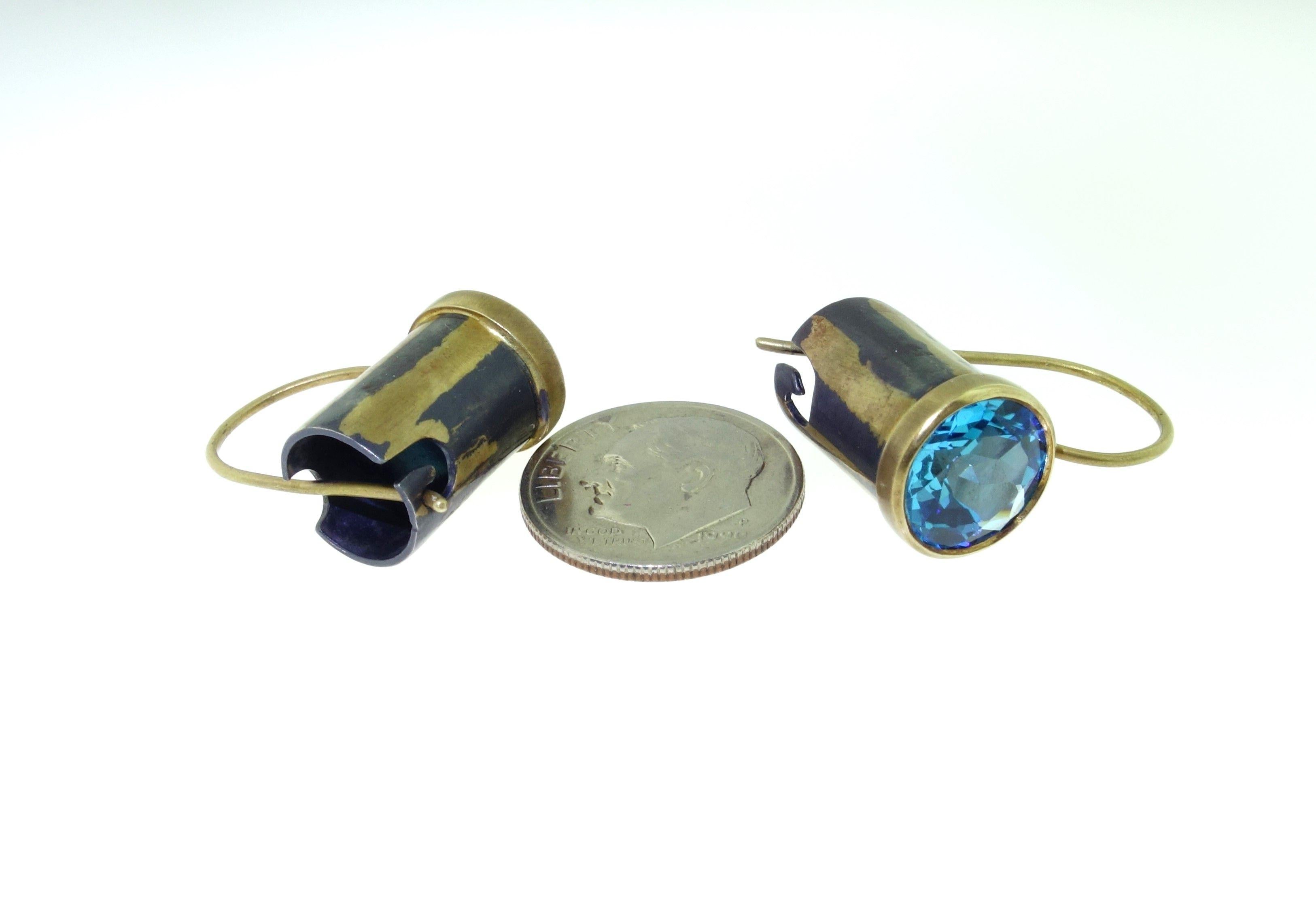 Natural Swiss Blue Topaz Gold and Oxidized Sterling Silver Drop Earrings For Sale 6