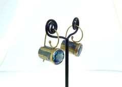 Natural Swiss Blue Topaz Gold and Oxidized Sterling Silver Drop Earrings