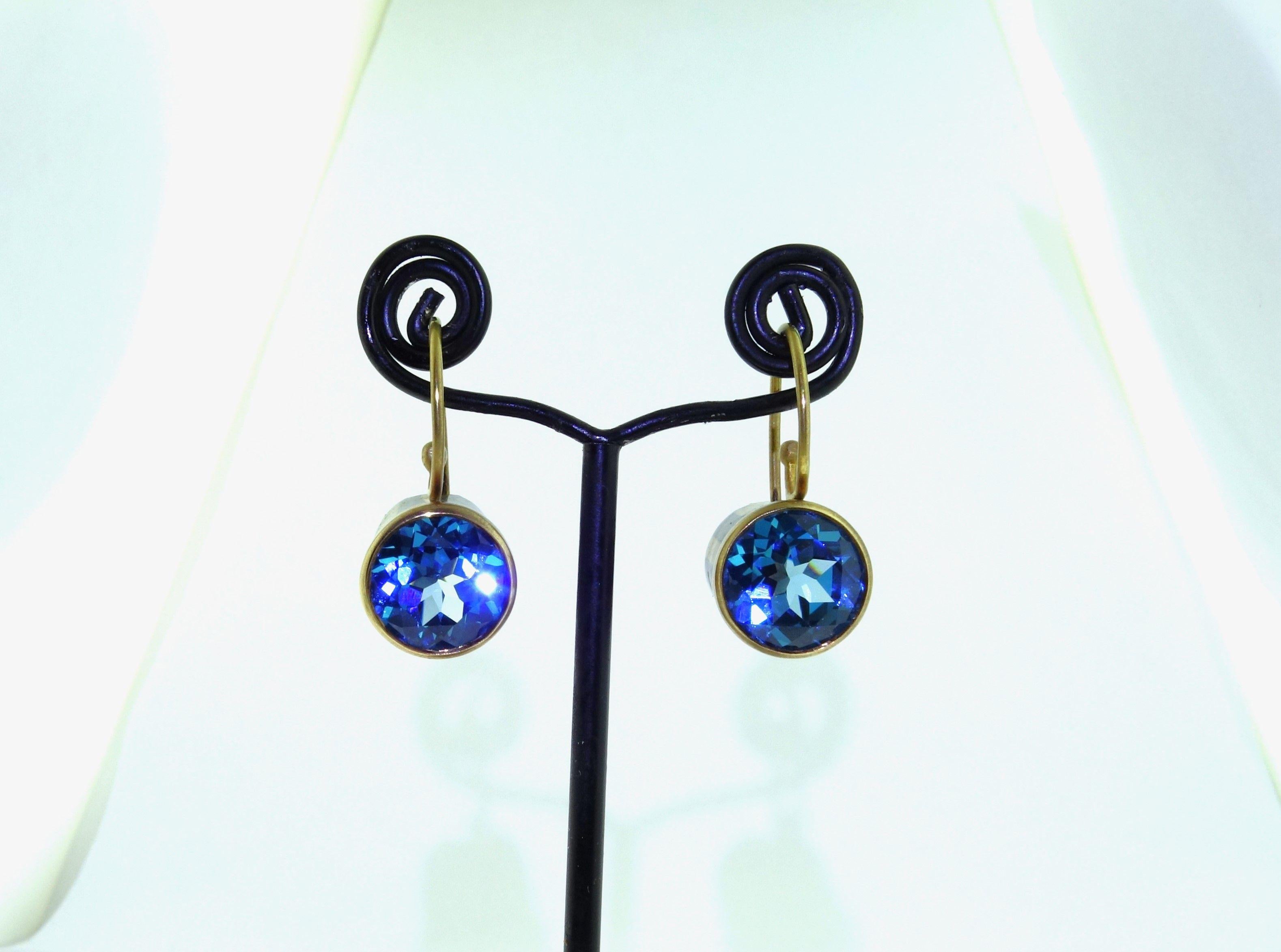 Modern Natural Swiss Blue Topaz Gold and Oxidized Sterling Silver Drop Earrings For Sale