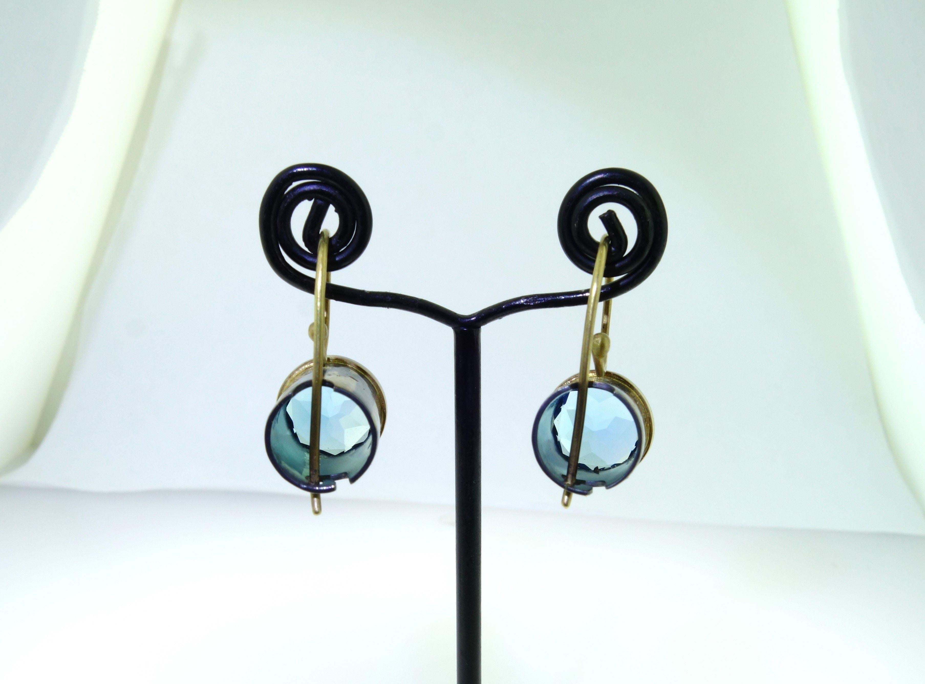 Women's Natural Swiss Blue Topaz Gold and Oxidized Sterling Silver Drop Earrings For Sale