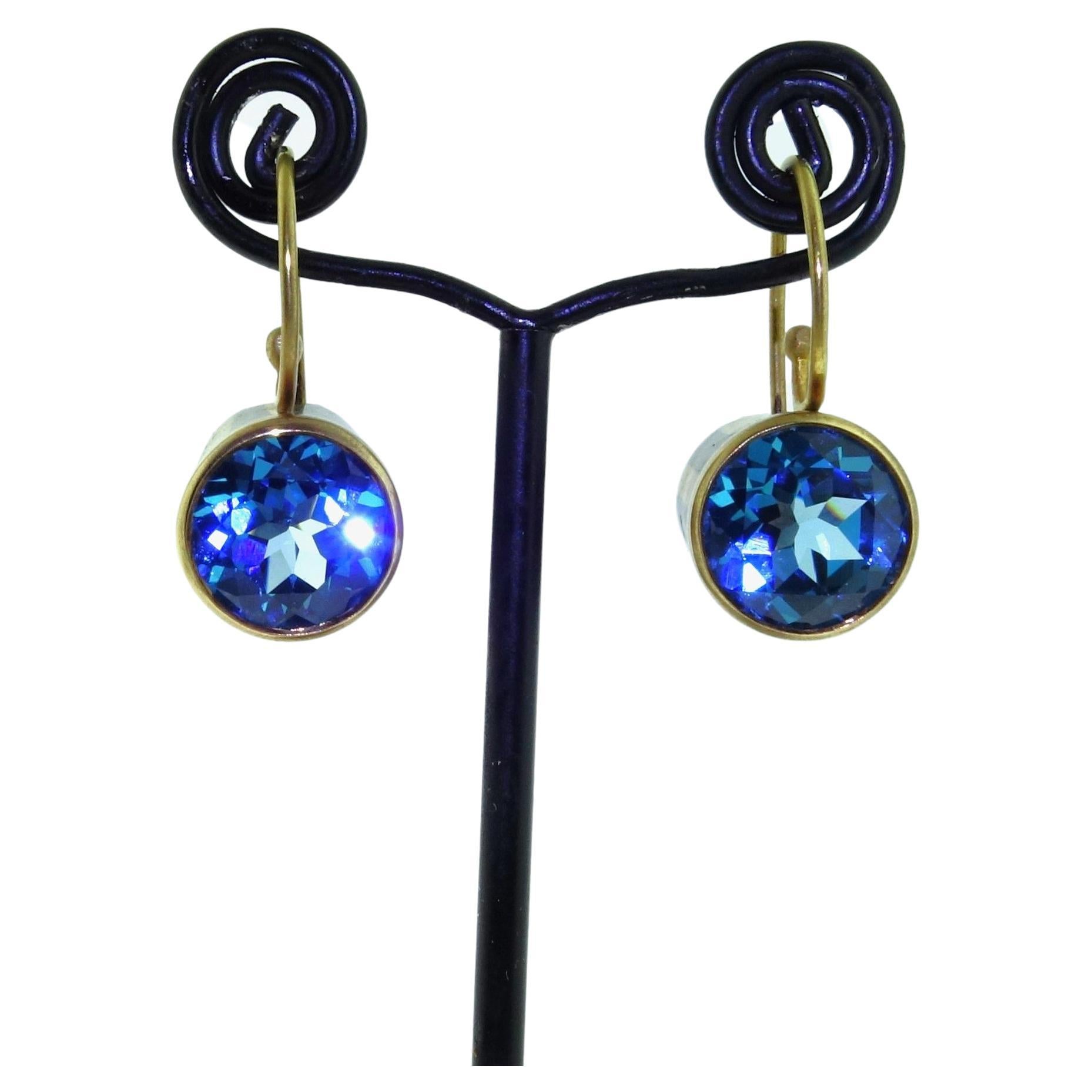 Natural Swiss Blue Topaz Gold and Oxidized Sterling Silver Drop Earrings For Sale