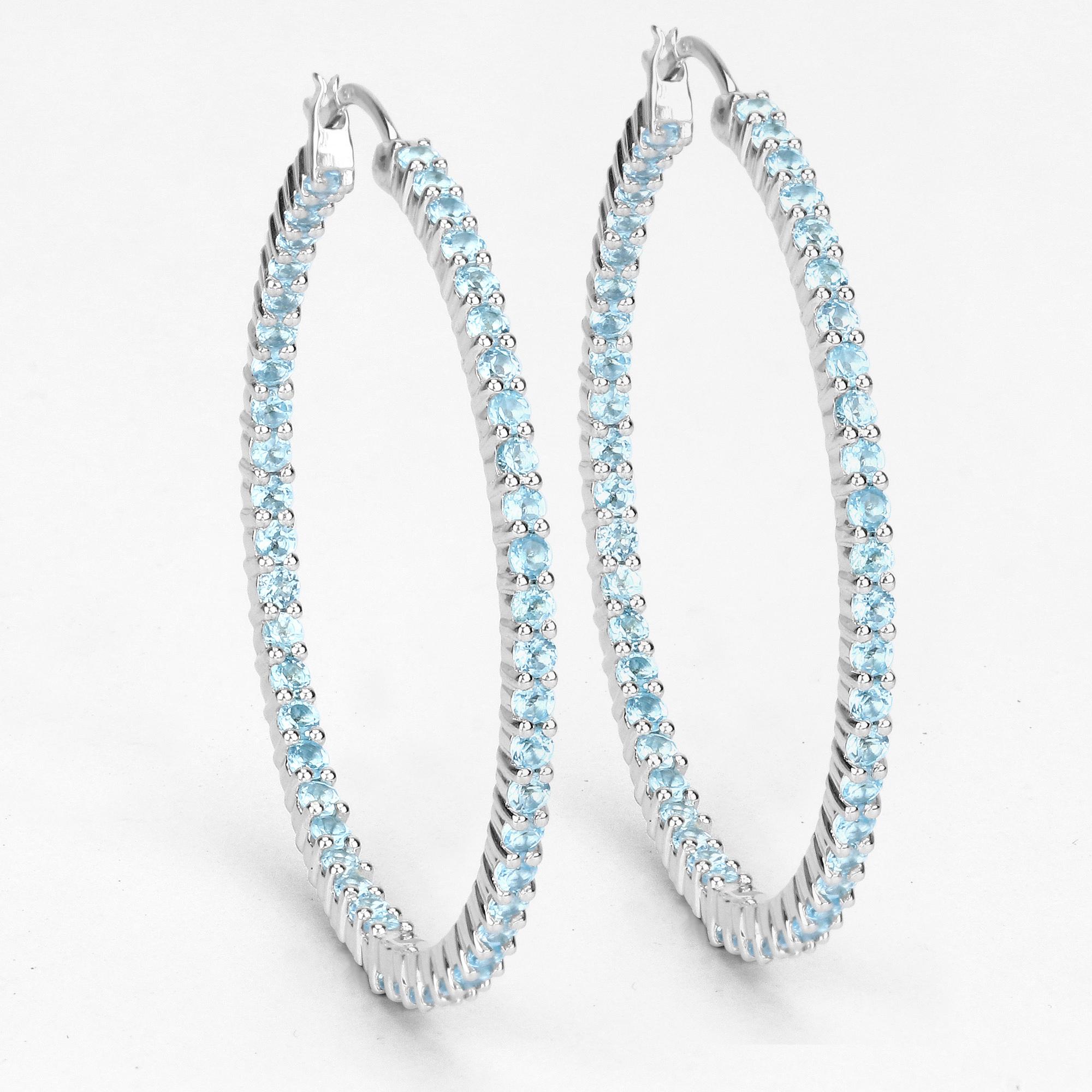 Contemporary Natural Swiss Blue Topaz Hoop Earrings Total 3.60 Carats Rhodium Plated Silver For Sale