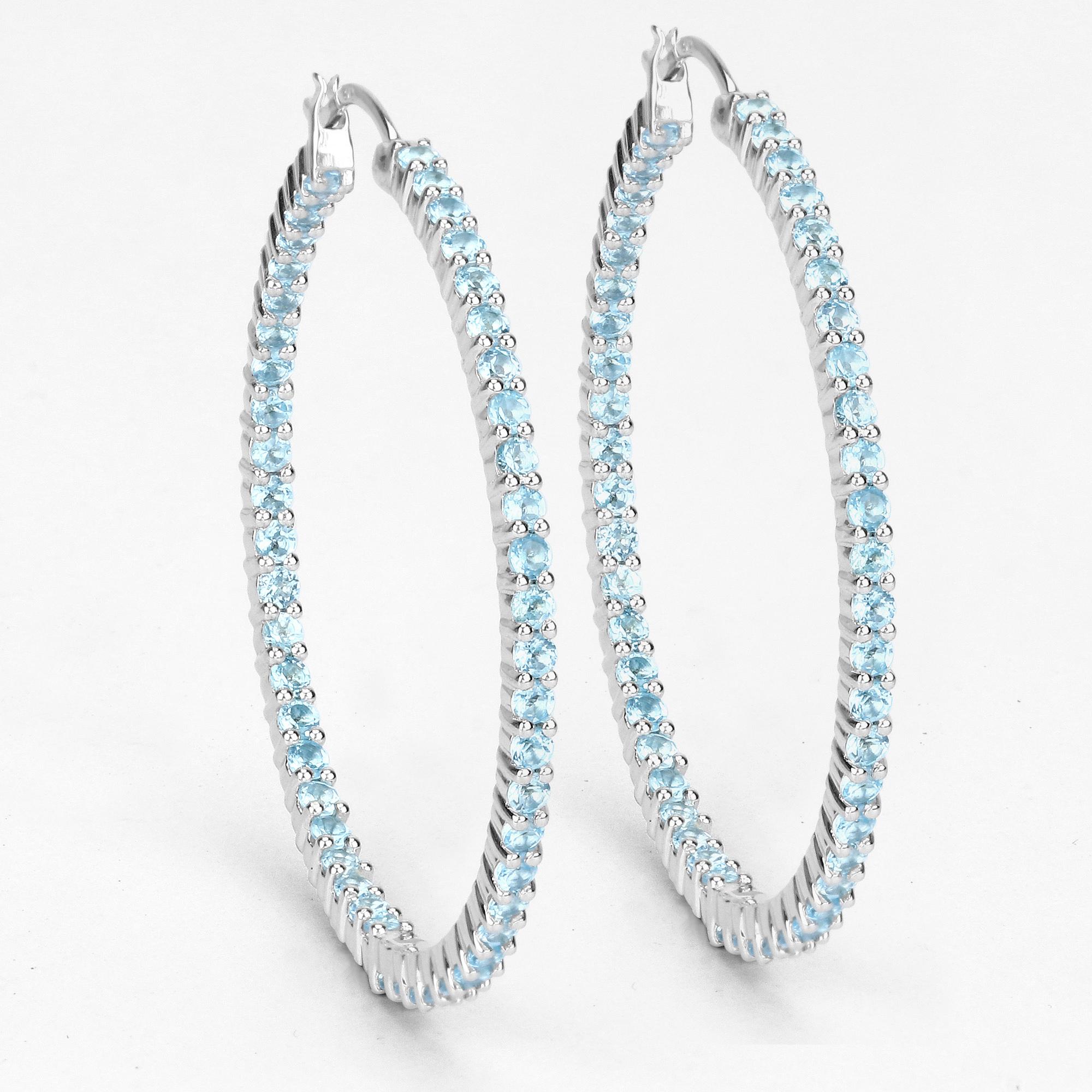 Contemporaneo Natural Swiss Blue Topaz Hoop Earrings Total 3.60 Carats Rhodium Plated Silver in vendita