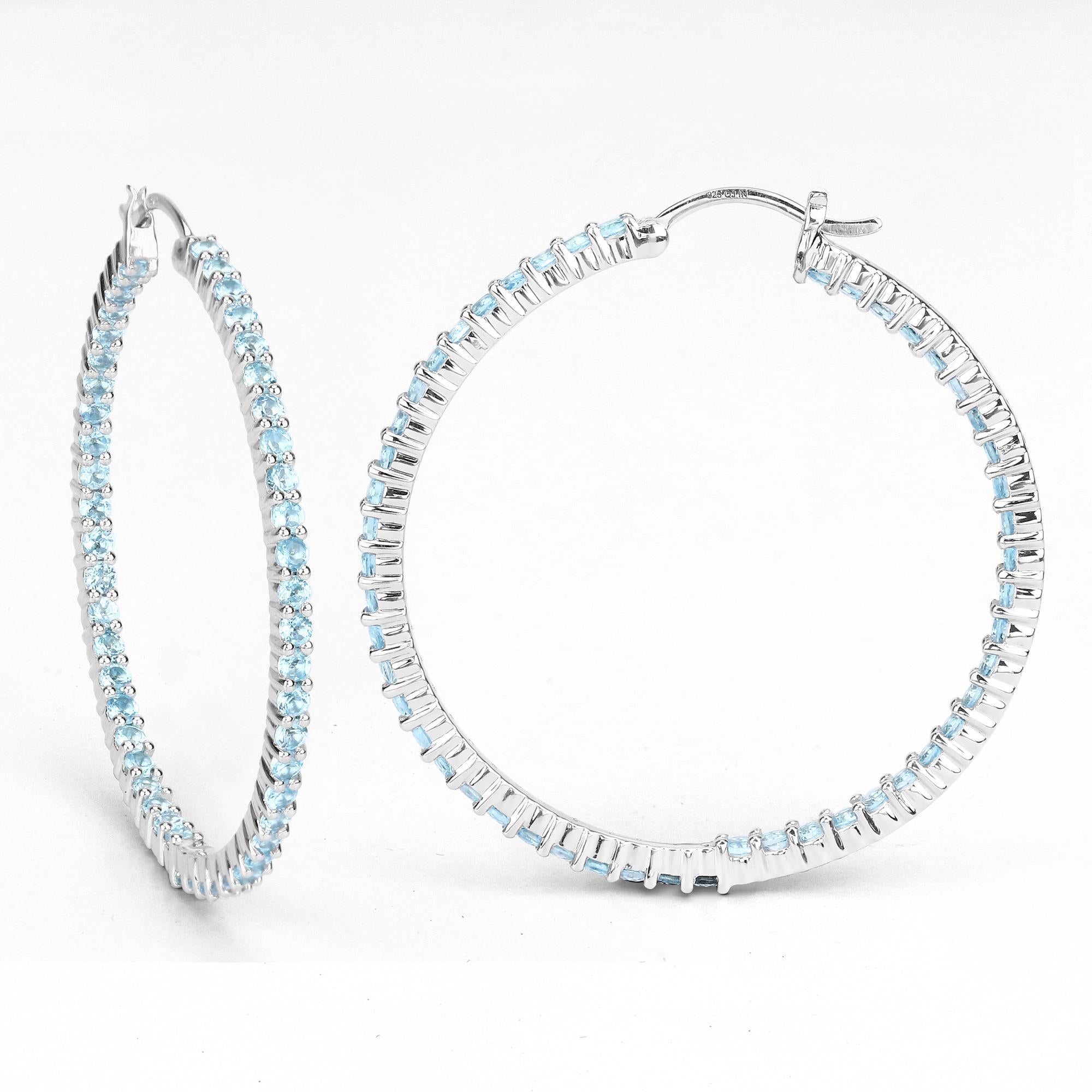 Round Cut Natural Swiss Blue Topaz Hoop Earrings Total 3.60 Carats Rhodium Plated Silver For Sale