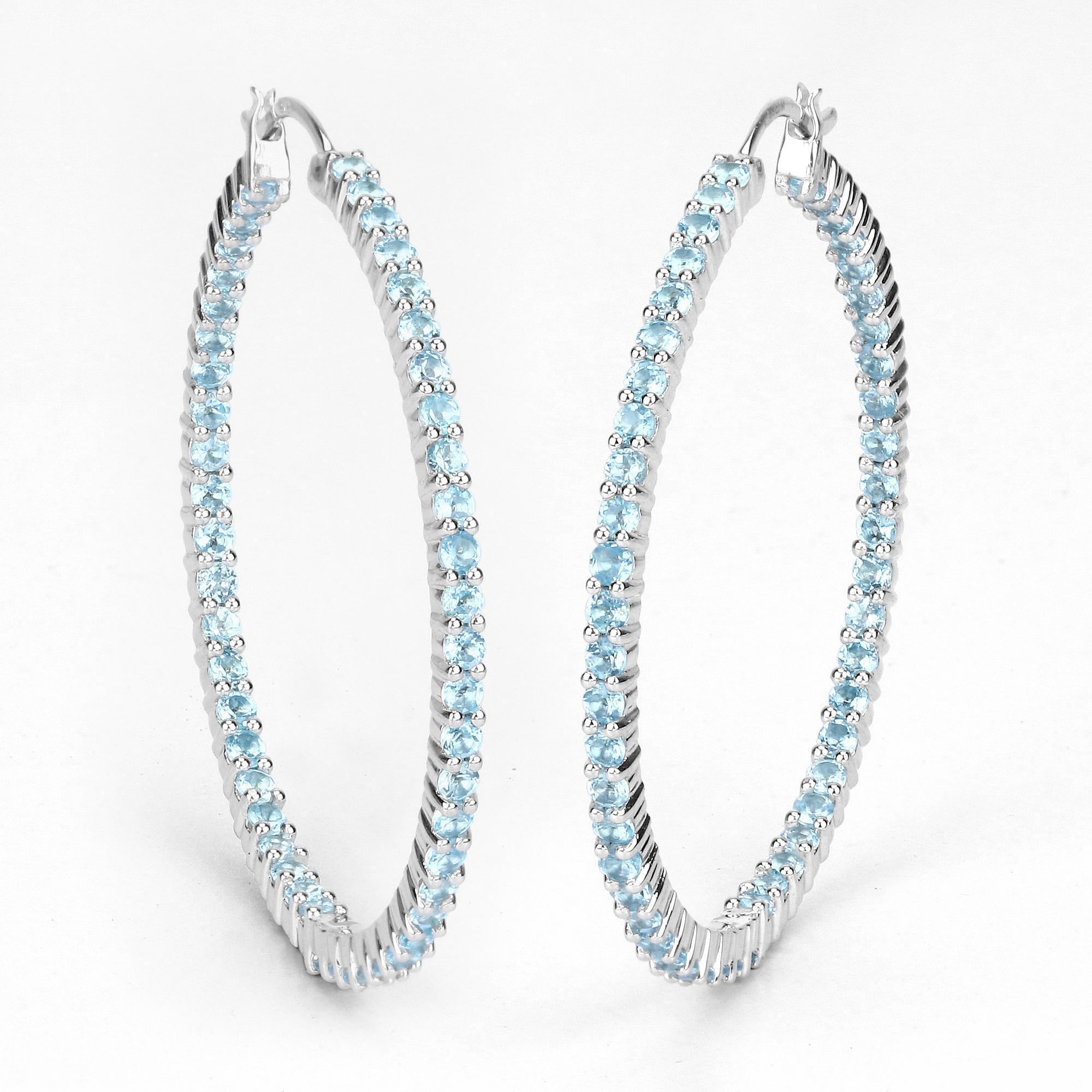 Natural Swiss Blue Topaz Hoop Earrings Total 3.60 Carats Rhodium Plated Silver In Excellent Condition For Sale In Laguna Niguel, CA