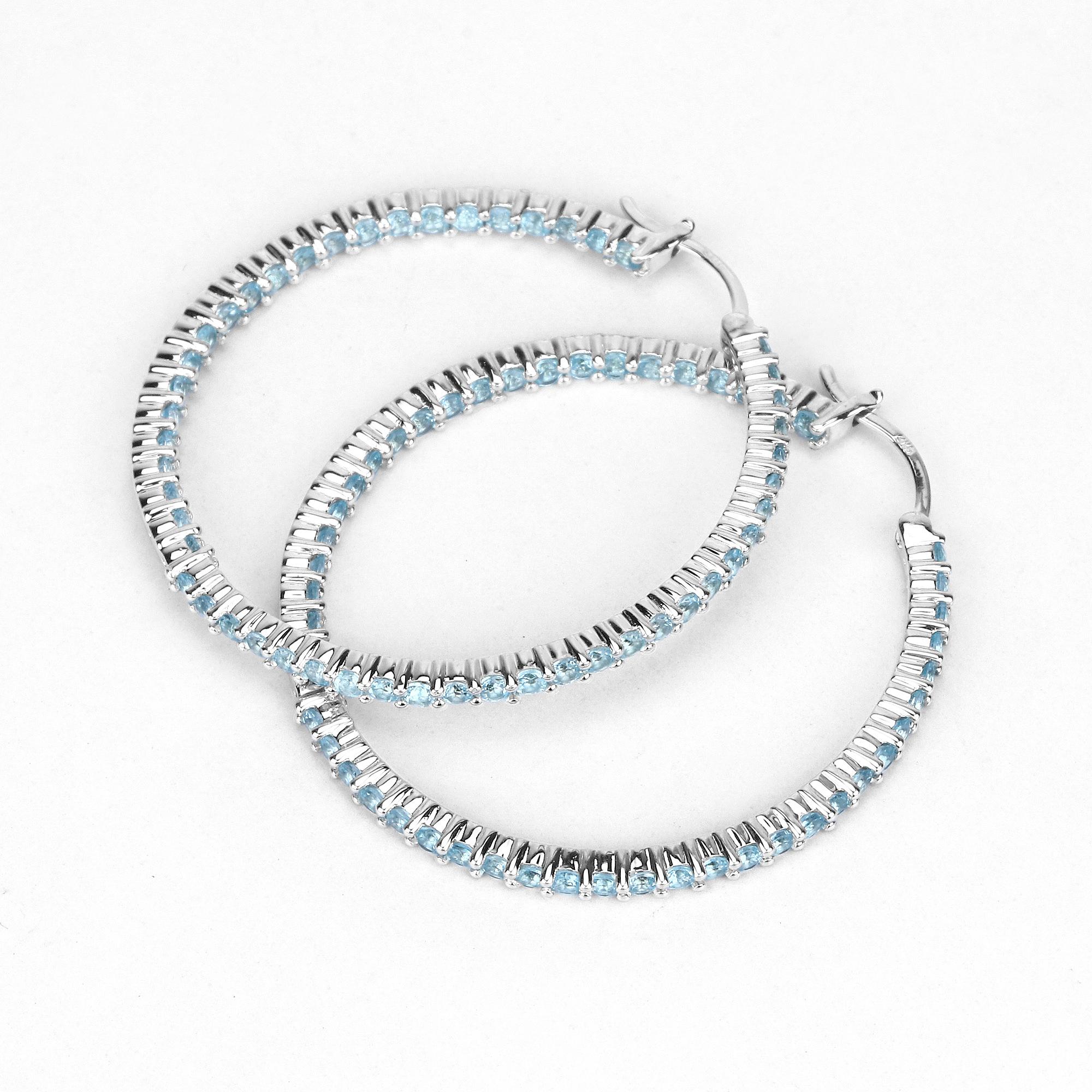Donna Natural Swiss Blue Topaz Hoop Earrings Total 3.60 Carats Rhodium Plated Silver in vendita