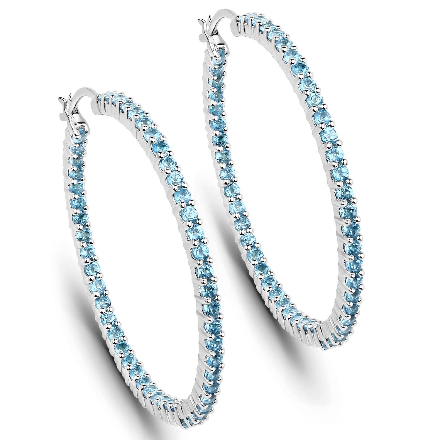 Natural Swiss Blue Topaz Hoop Earrings Total 3.60 Carats Rhodium Plated Silver For Sale 2