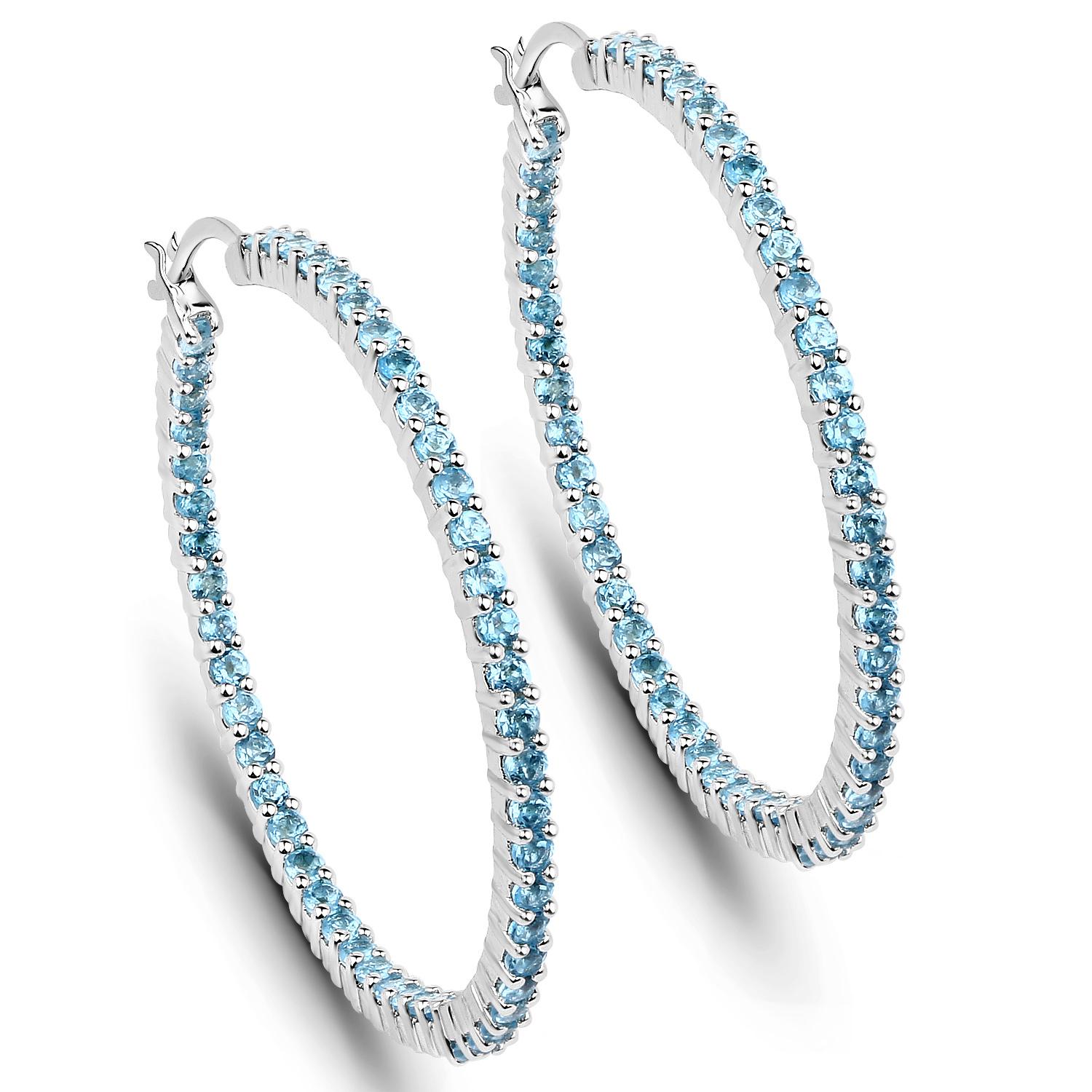 Créoles en argent rhodié avec topaze bleue naturelle suisse d'un total de 3,60 carats en vente 2