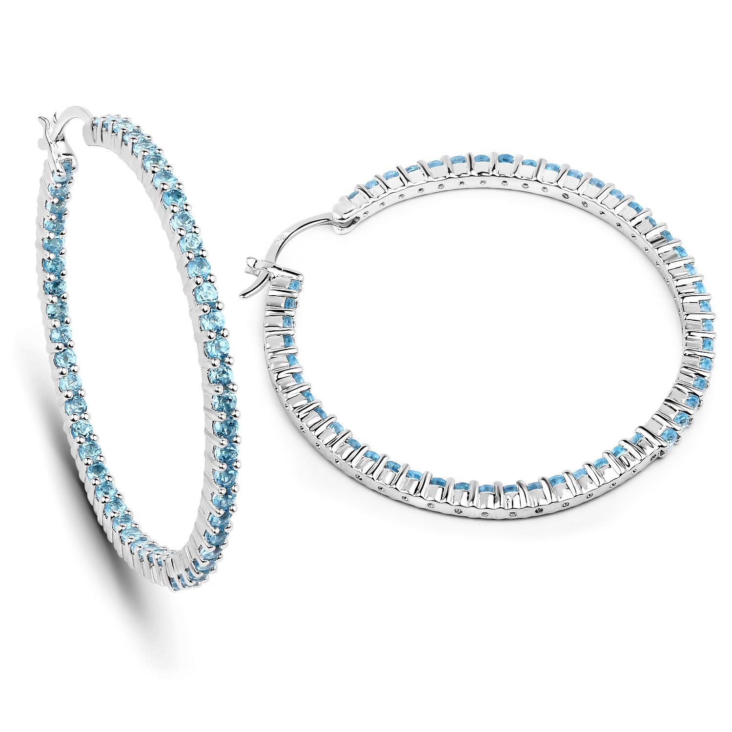 Natural Swiss Blue Topaz Hoop Earrings Total 3.60 Carats Rhodium Plated Silver For Sale 2