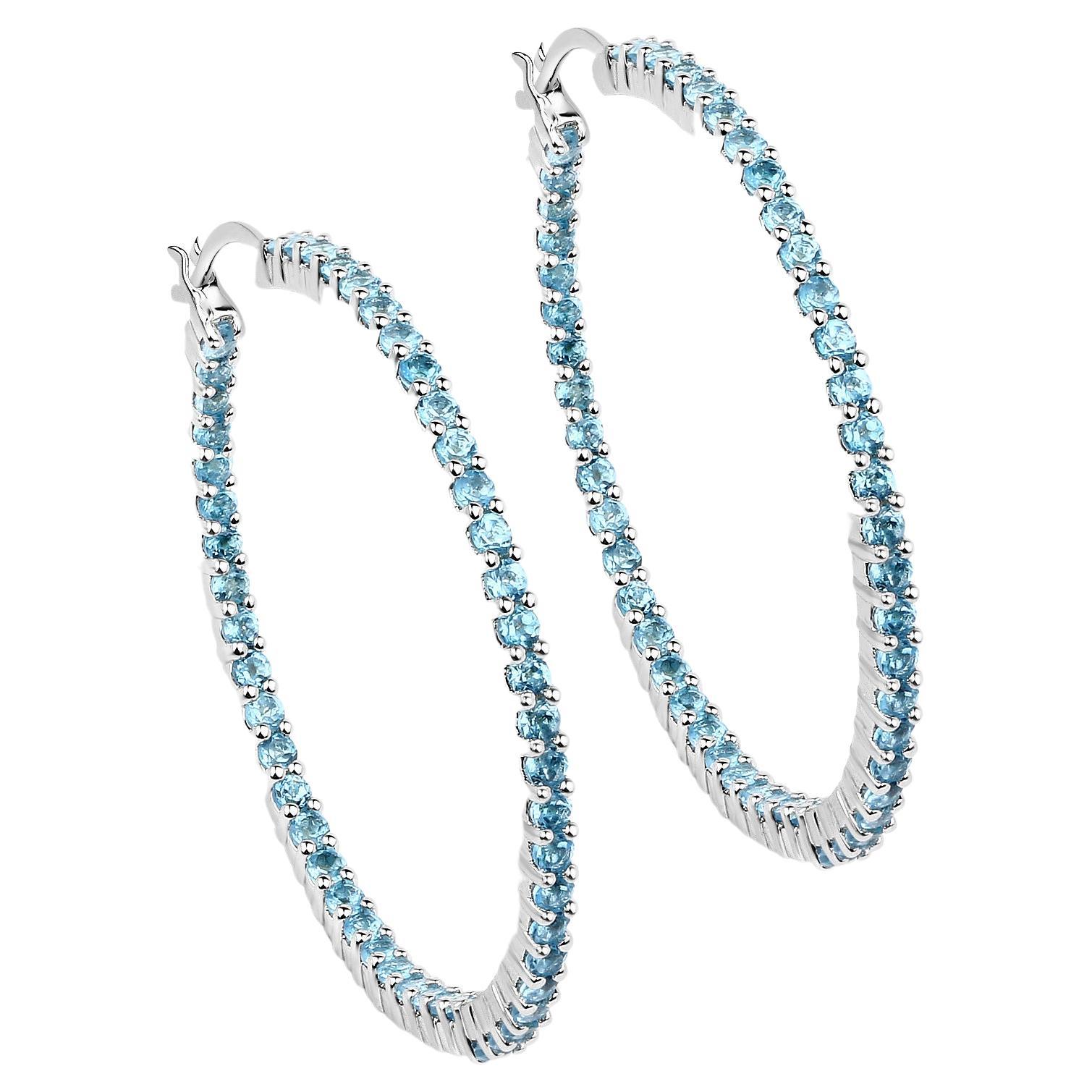 Natural Swiss Blue Topaz Hoop Earrings Total 3.60 Carats Rhodium Plated Silver For Sale